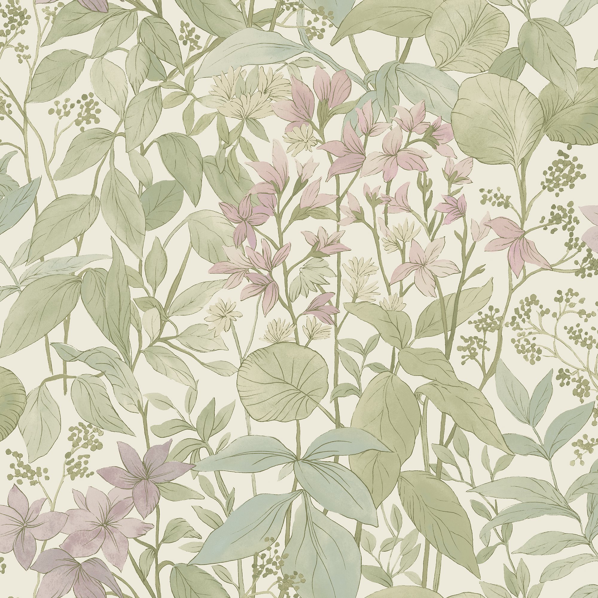 Grandeco Sketch Effect Glade Textured Wallpaper -  Mauve Pink Green