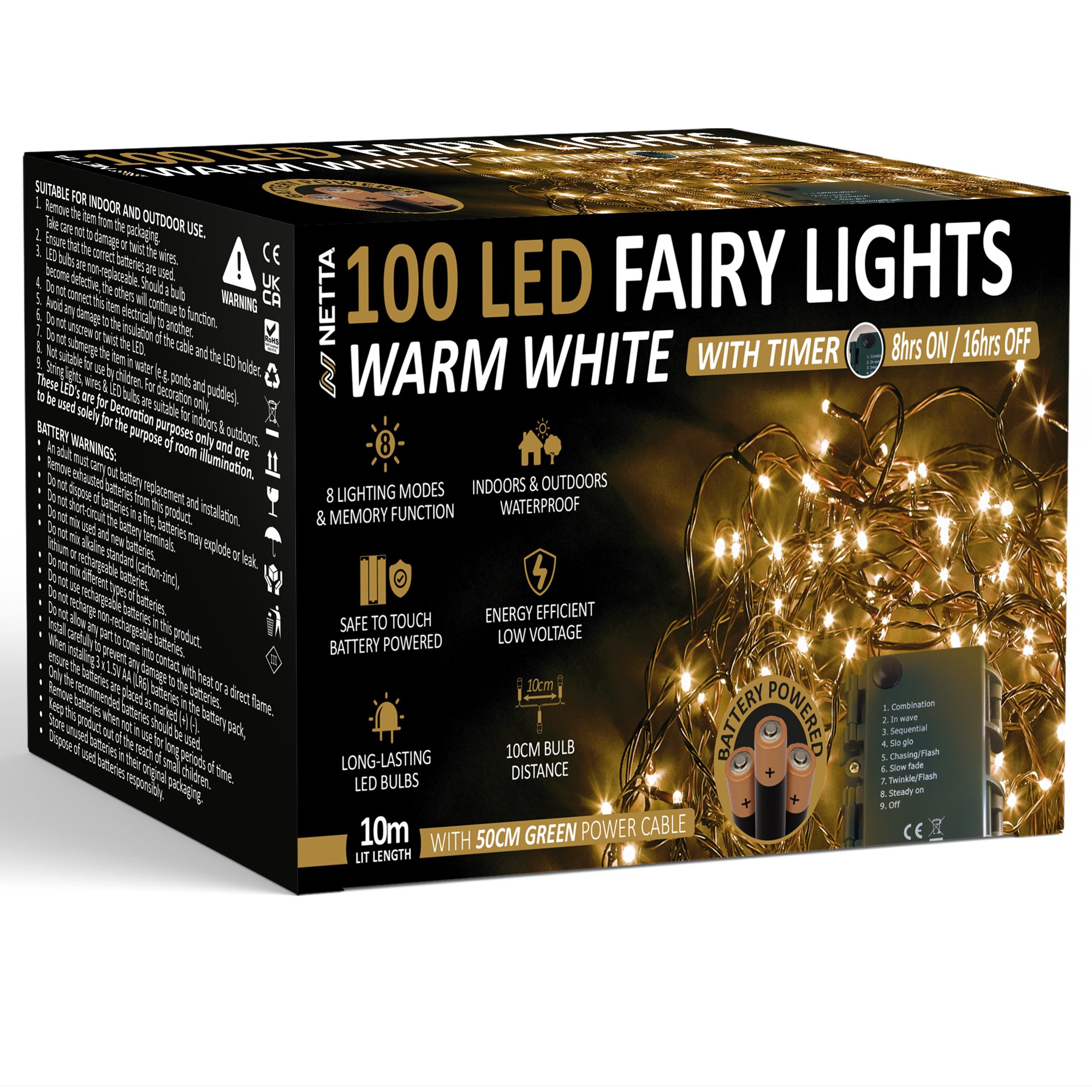 NETTA 10m 100 LED Battery Operated Christmas Fairy Lights - Warm White