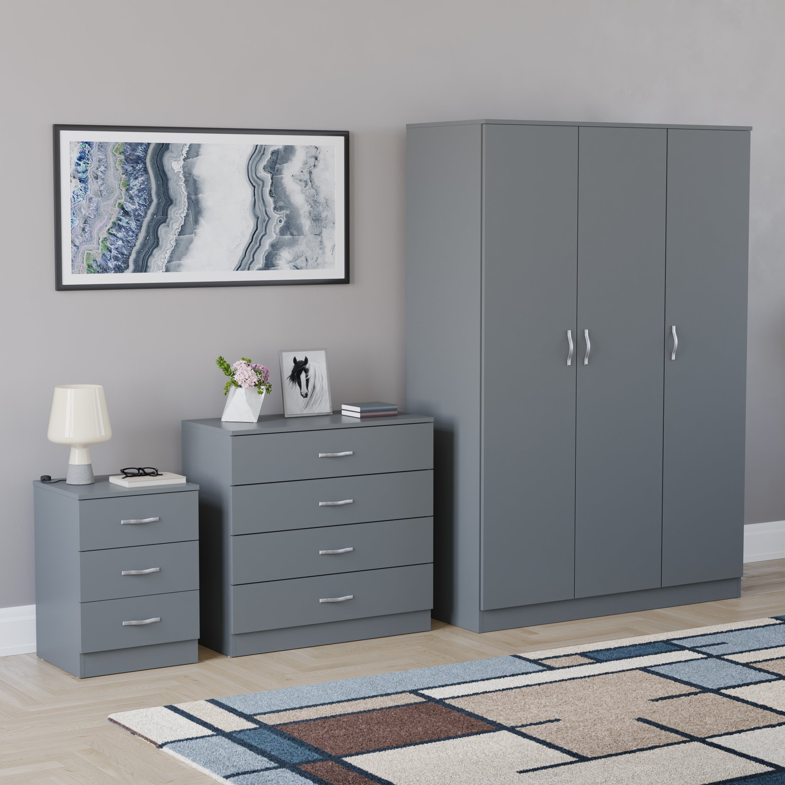 Vida Designs Riano Bedroom Set (Bedside, 4 Drawer Chest, 3 Door Wardrobe) - Grey