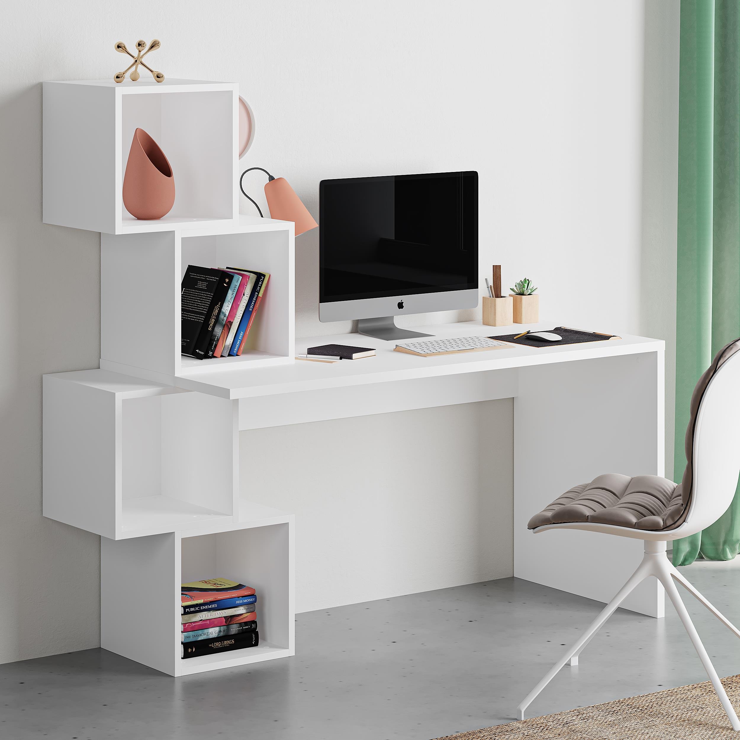Decortie Balance Particleboard Desk with Integrated Bookshelf - White