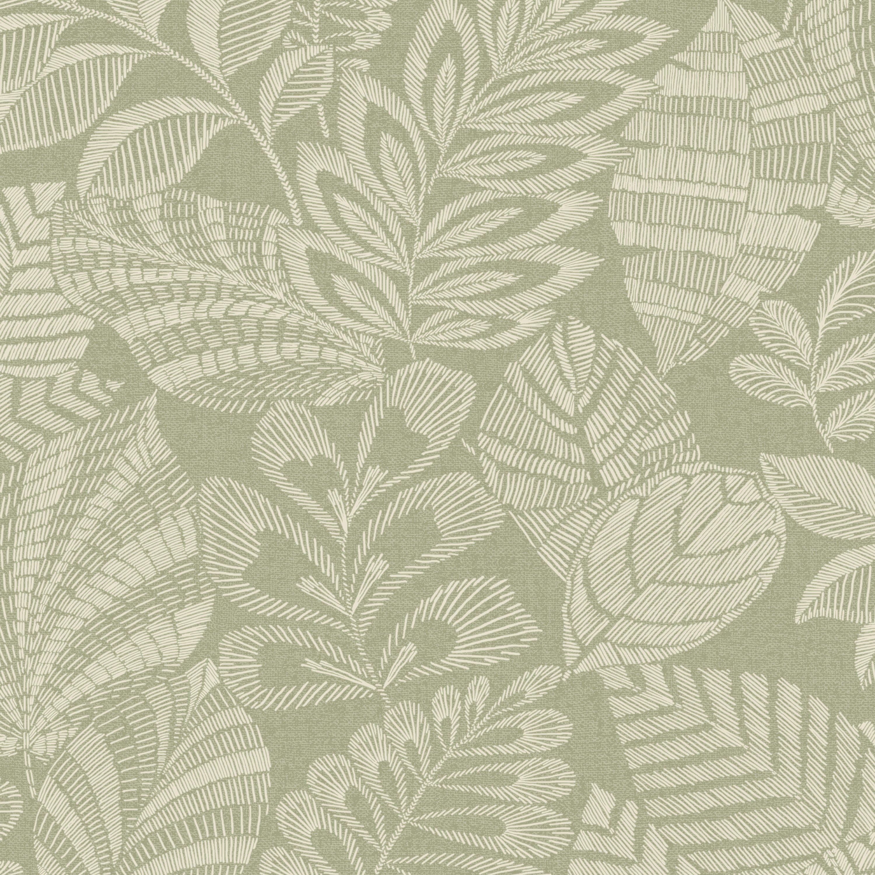 Grandeco Madou Stitched Leaves Blown Vinyl Wallpaper -  Green