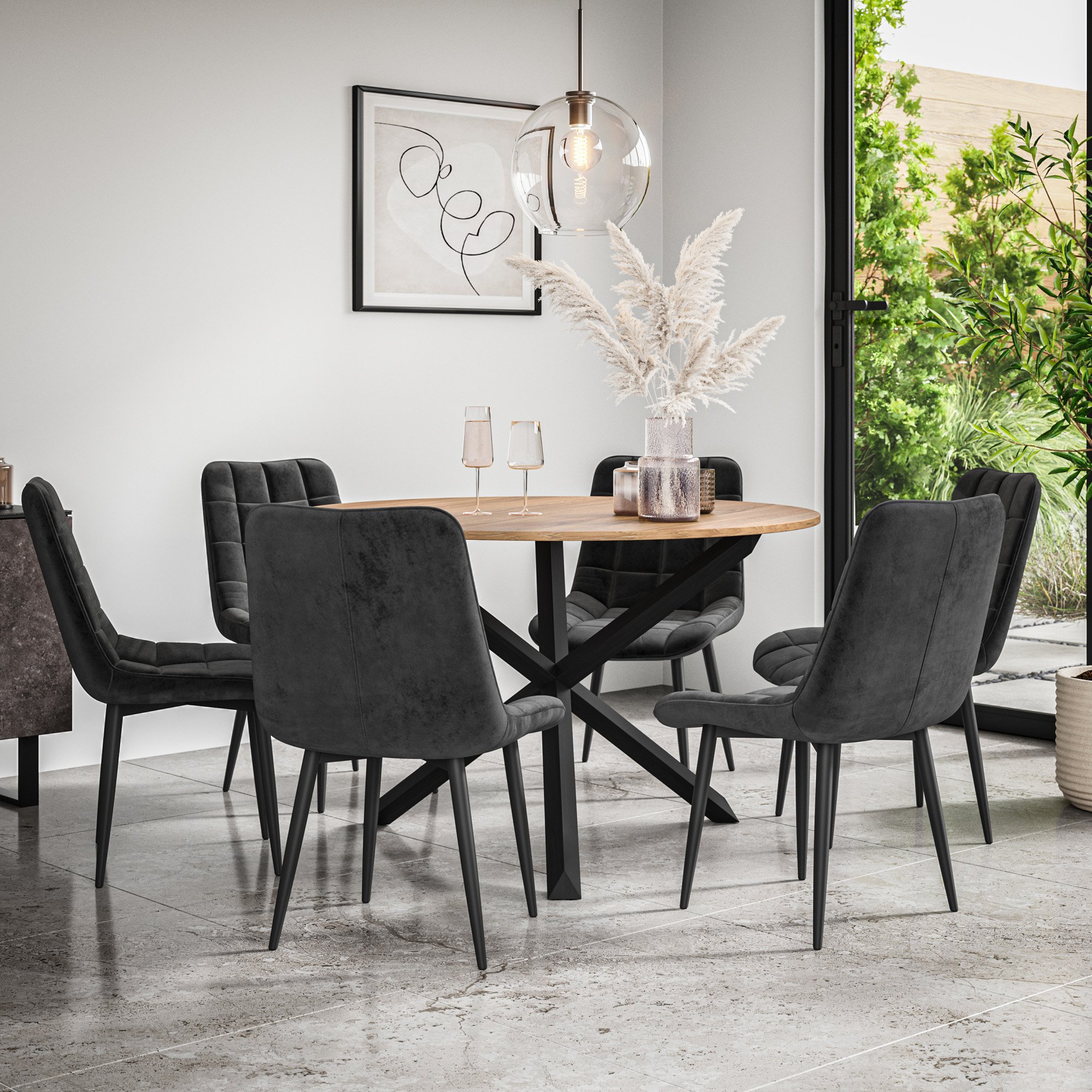 Furniture Online Malvern Nova Oak Table Dining Table & 6 Black Chairs