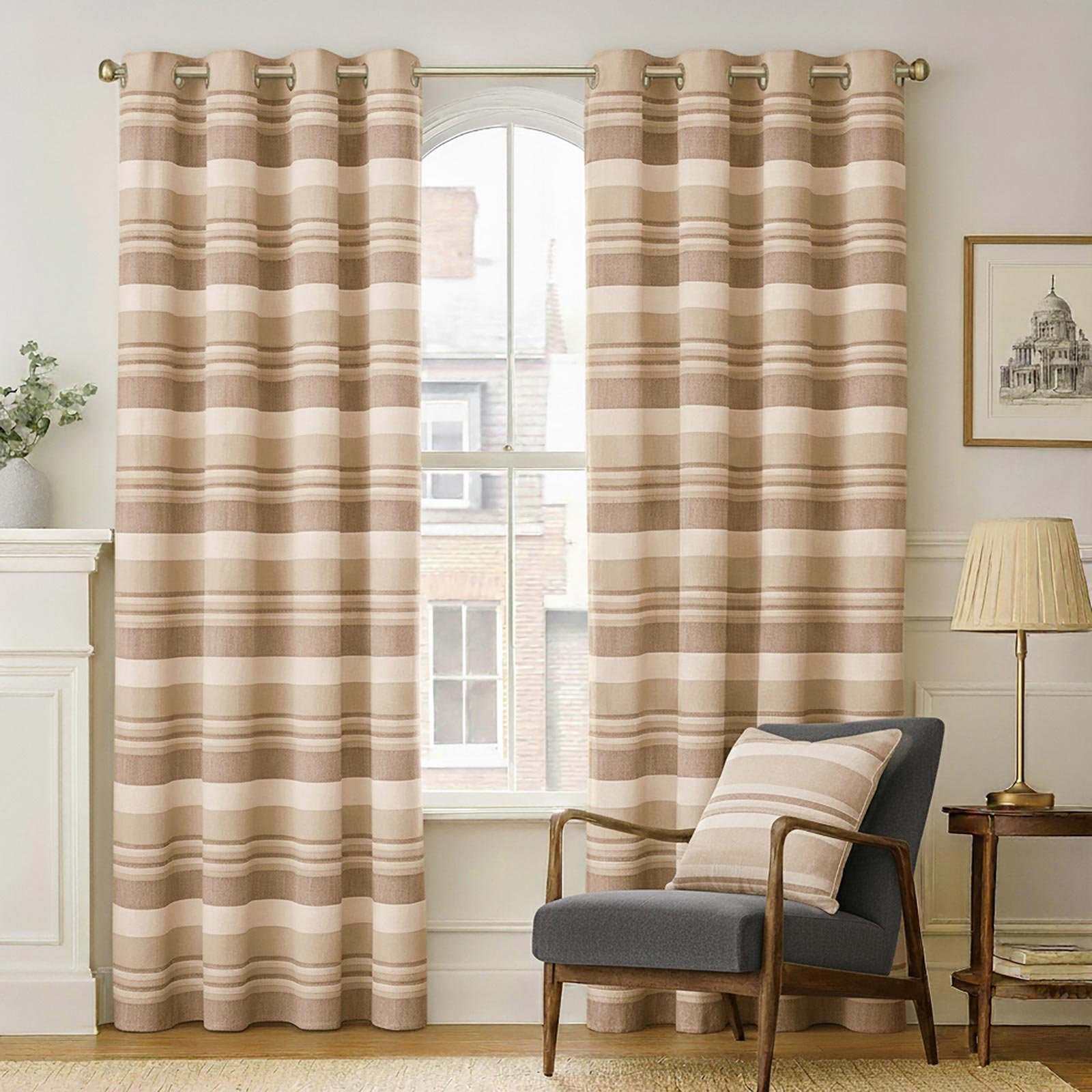 Homescapes Beige Cotton Morocco Striped Curtains - 137cm x 137cm