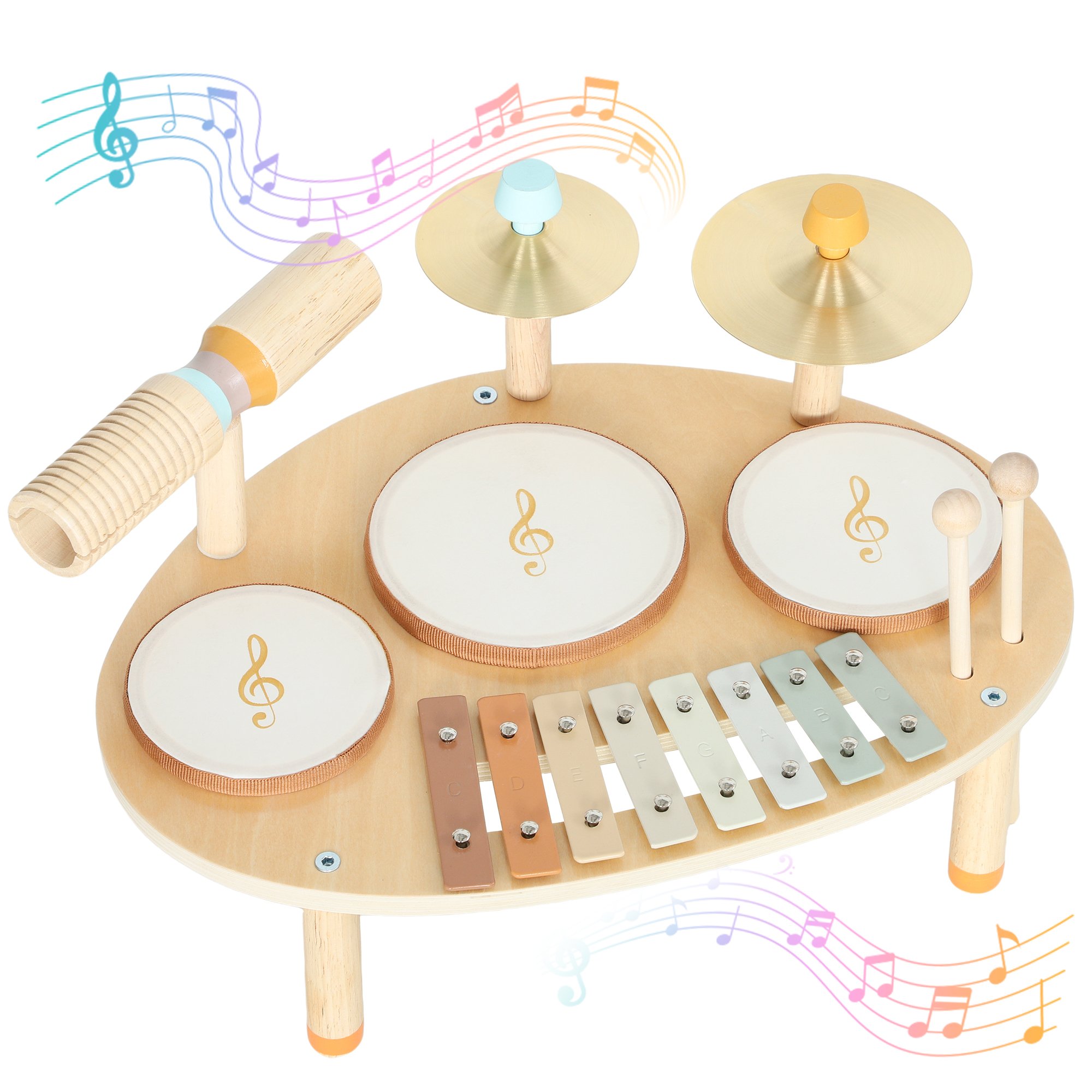 AIYAPLAY Wooden Drums Xylophone Baby Drum Kit - Natural Wood