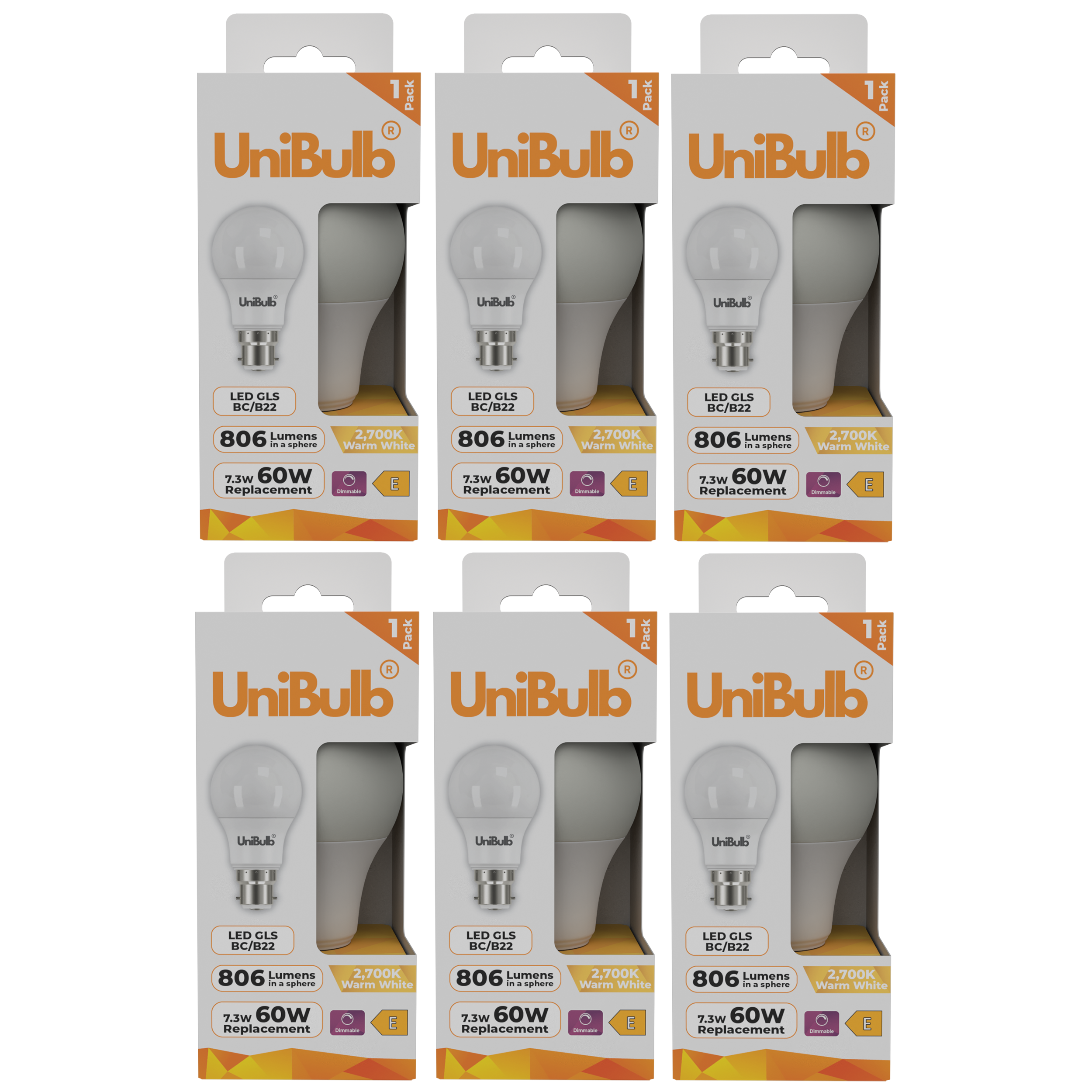 UniBulb 7.3W LED Warm White Dimmable GLS B22 Light Bulb - Pack of 6