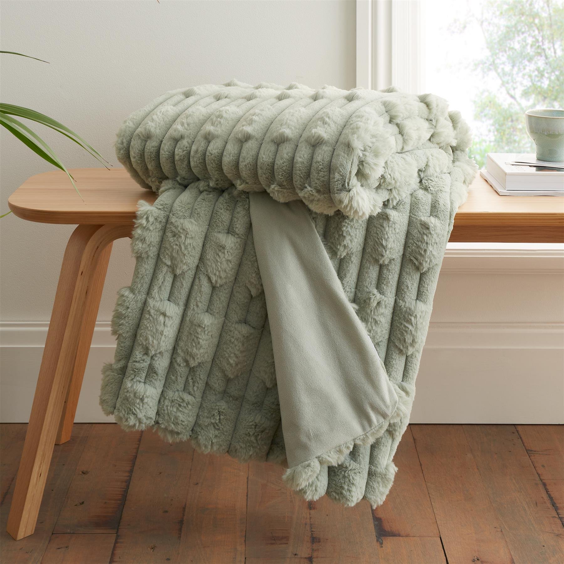 Bianca Carved Faux Fur Blanket Throw 150 x 200cm - Sage Green
