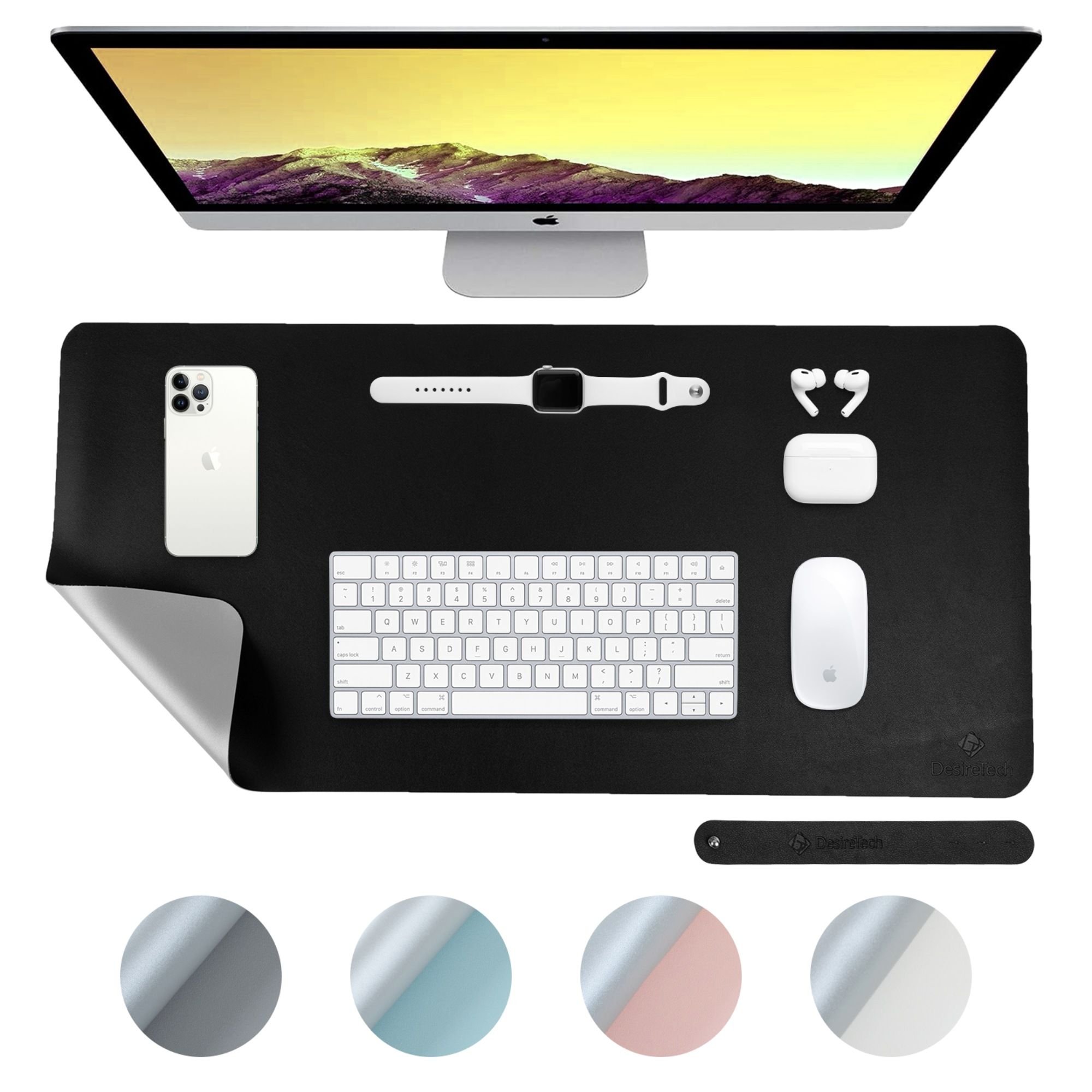 Desiretech Reversible Faux Leather Desk Mat - 43 x 89cm - Black & Silver