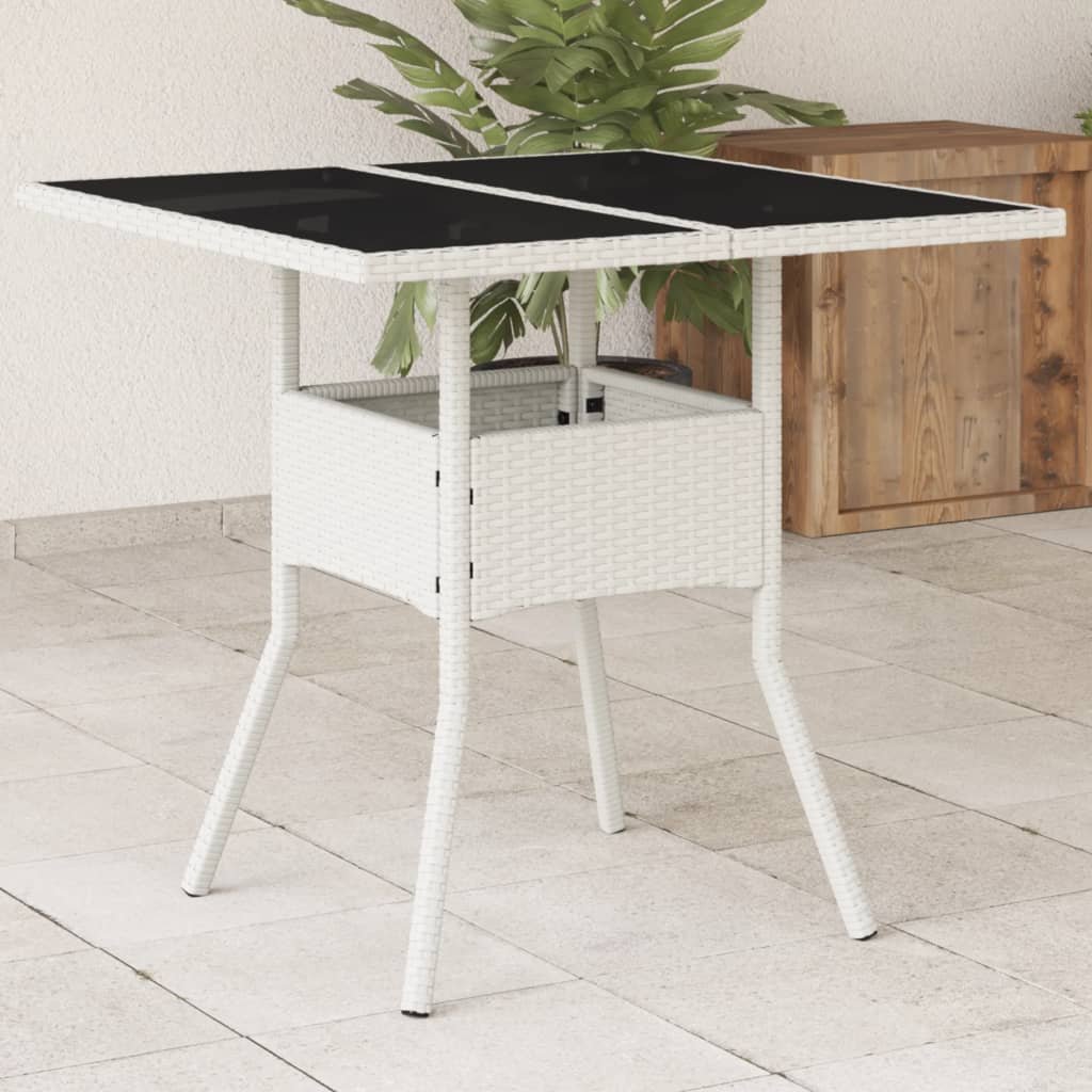 Walplus Poly Rattan Garden Table with Glass Top - White - 80 x 80 x 75 cm