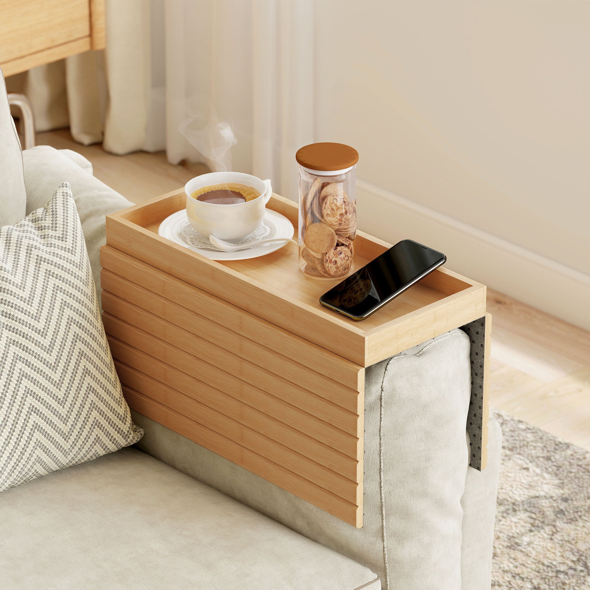 HOMCOM Bamboo Roll-Up Anti-Slip Sofa Arm Tray – Natural