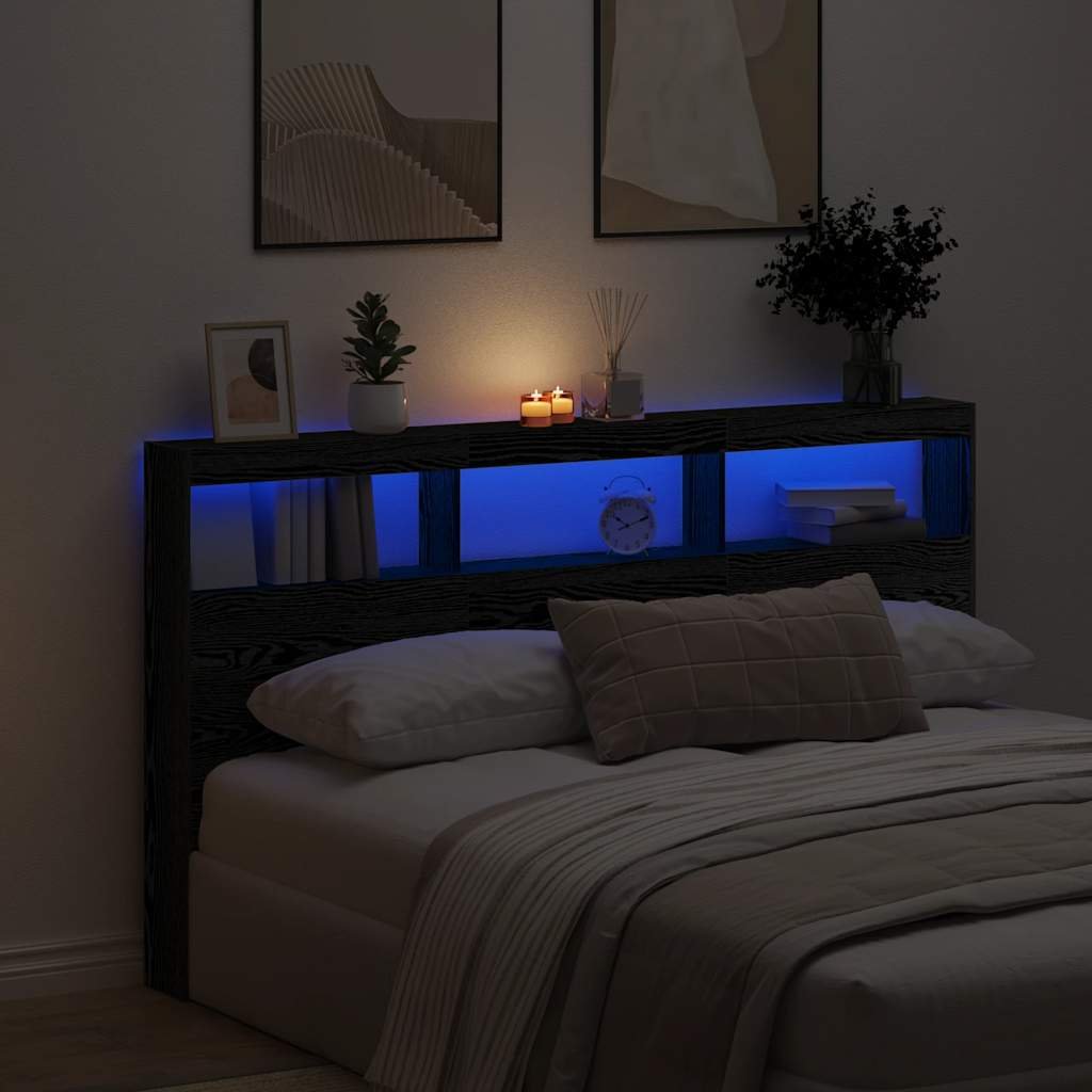 Walplus Engineered Wood LED Headboard Cabinet - Black Ash - 180 x 17 x 102 cm