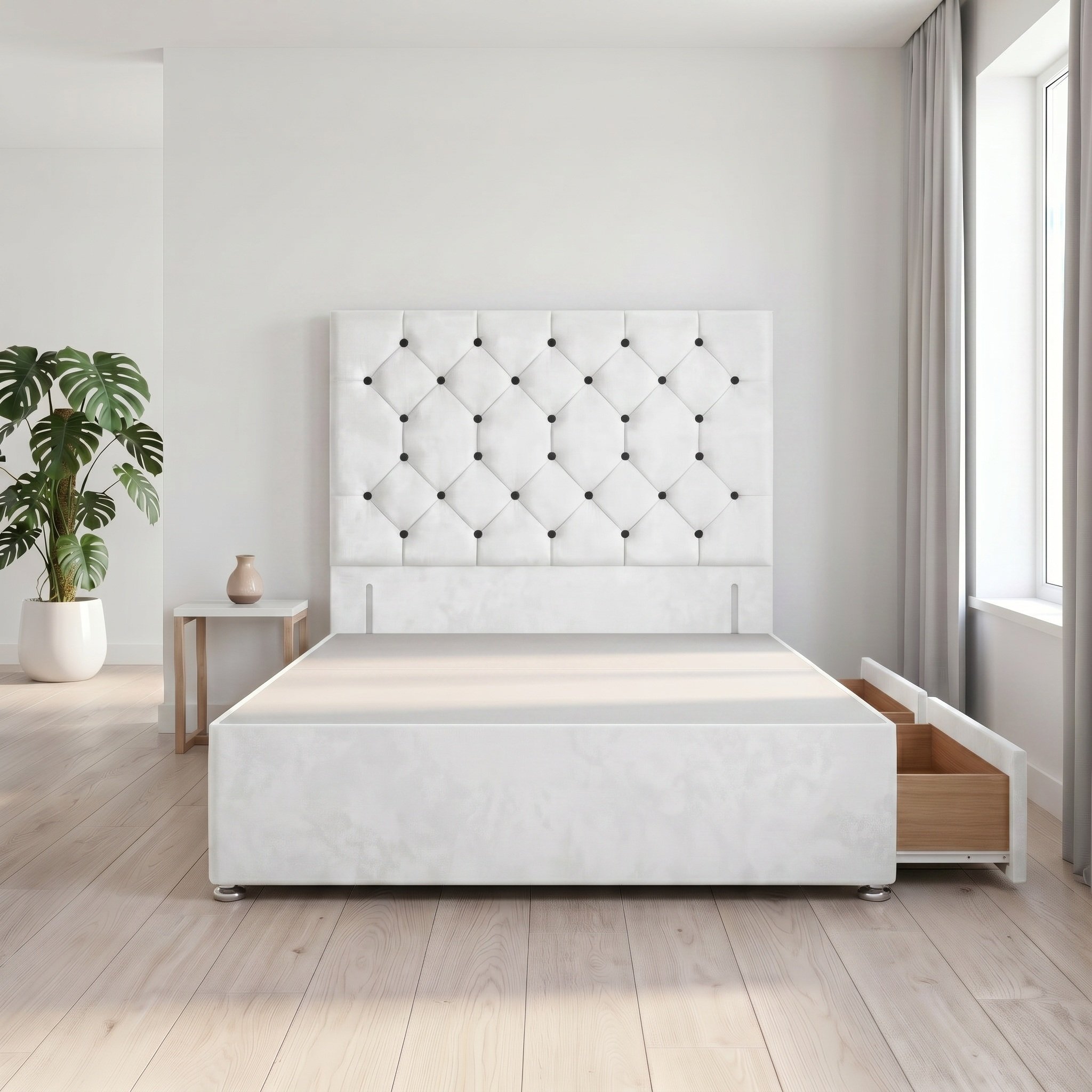 Somnior Diamante Velvet 3FT Single 2 Drawer Divan Bed Base - White