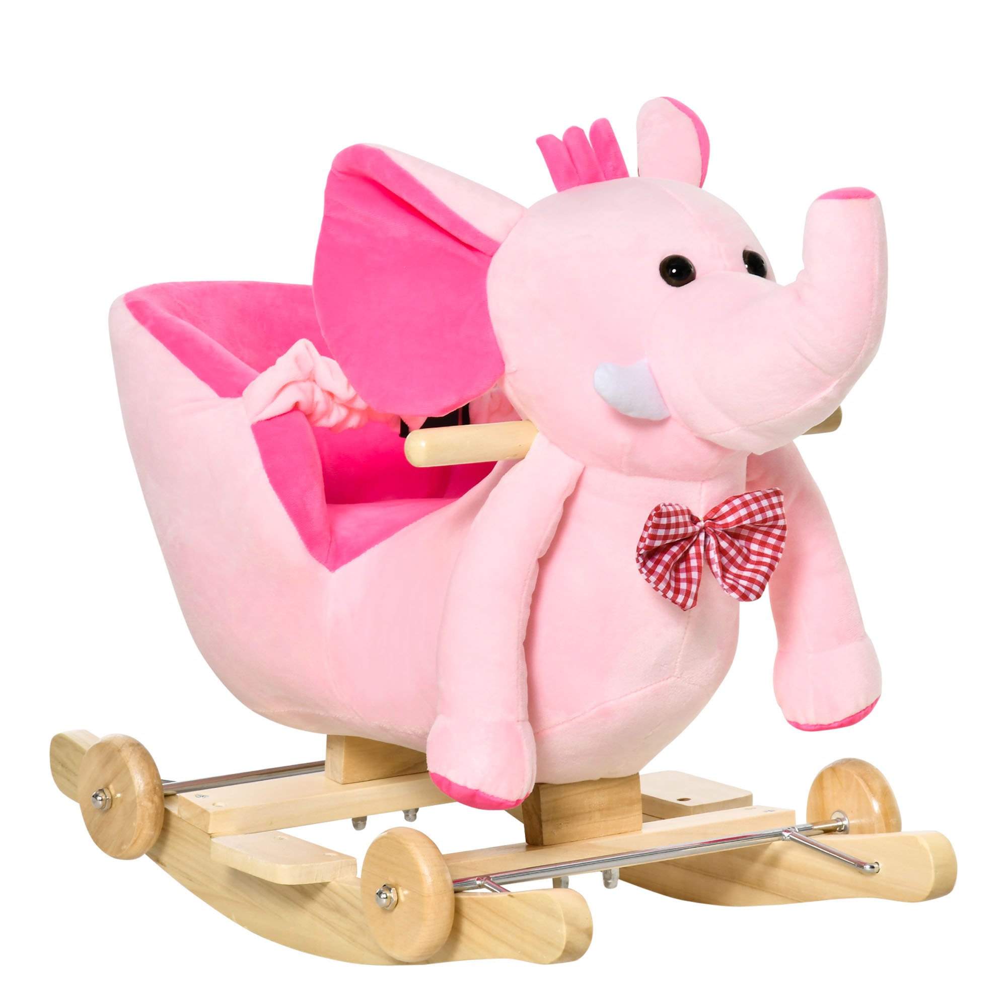 HOMCOM 2 in 1 Plush Elephant Wheels Wooden Toddler Rocking Horse - Pink