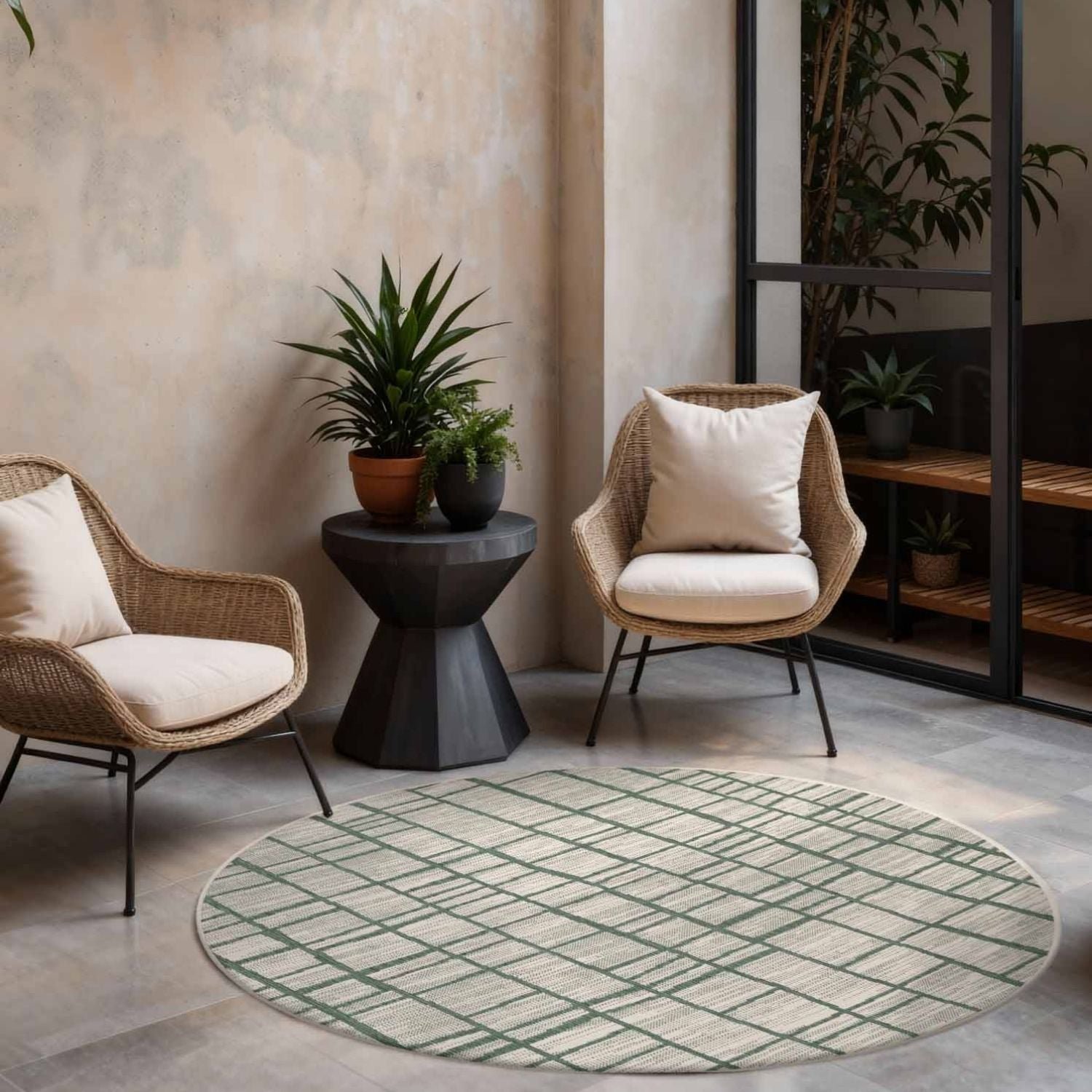 Ted Baker Green and White Indoor Outdoor Crouch Abstract Round Rug - 200cm