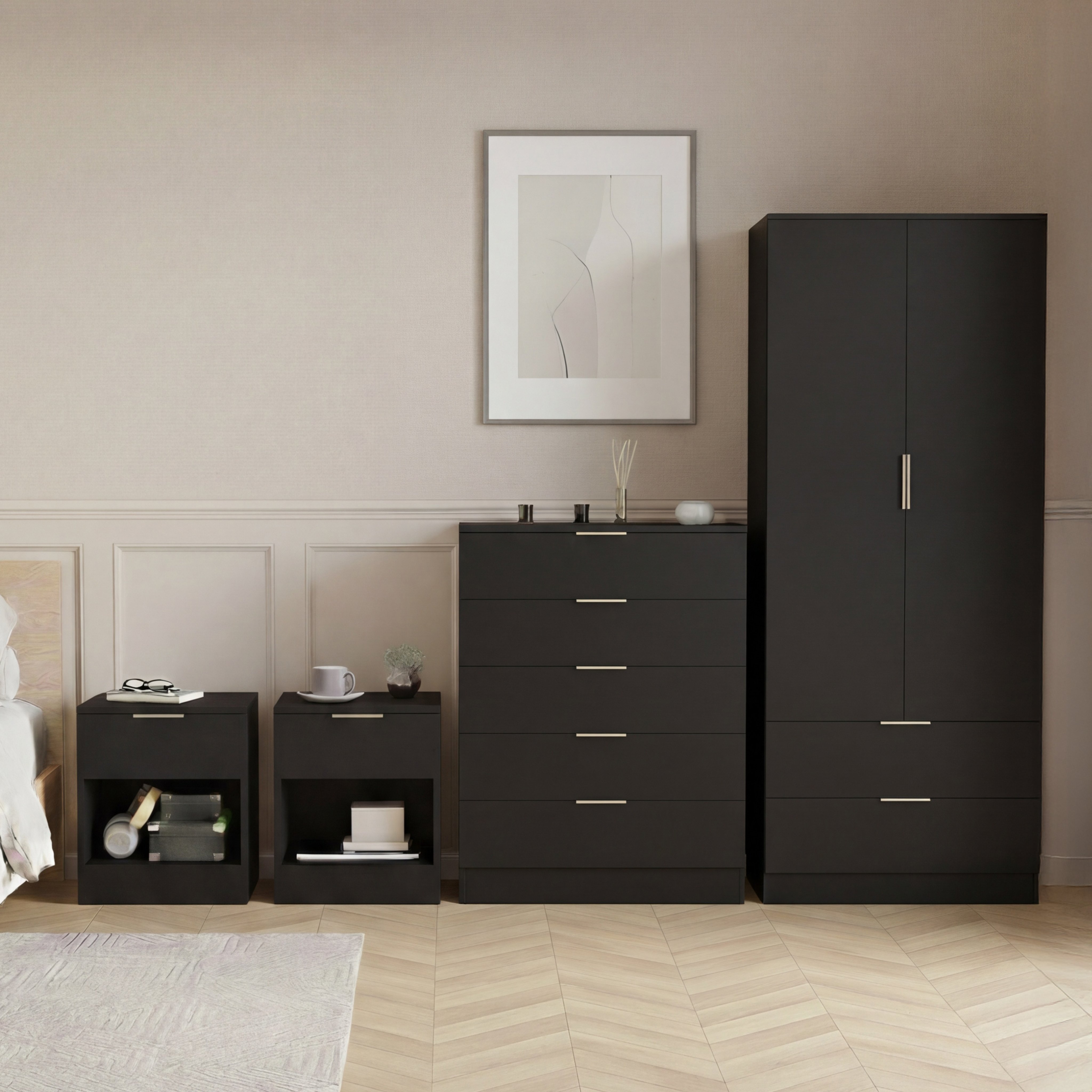 Vida Designs Trega Bedroom Set (Bedsides, 5 Drawer Chest, 2x2 Wardrobe) - Black