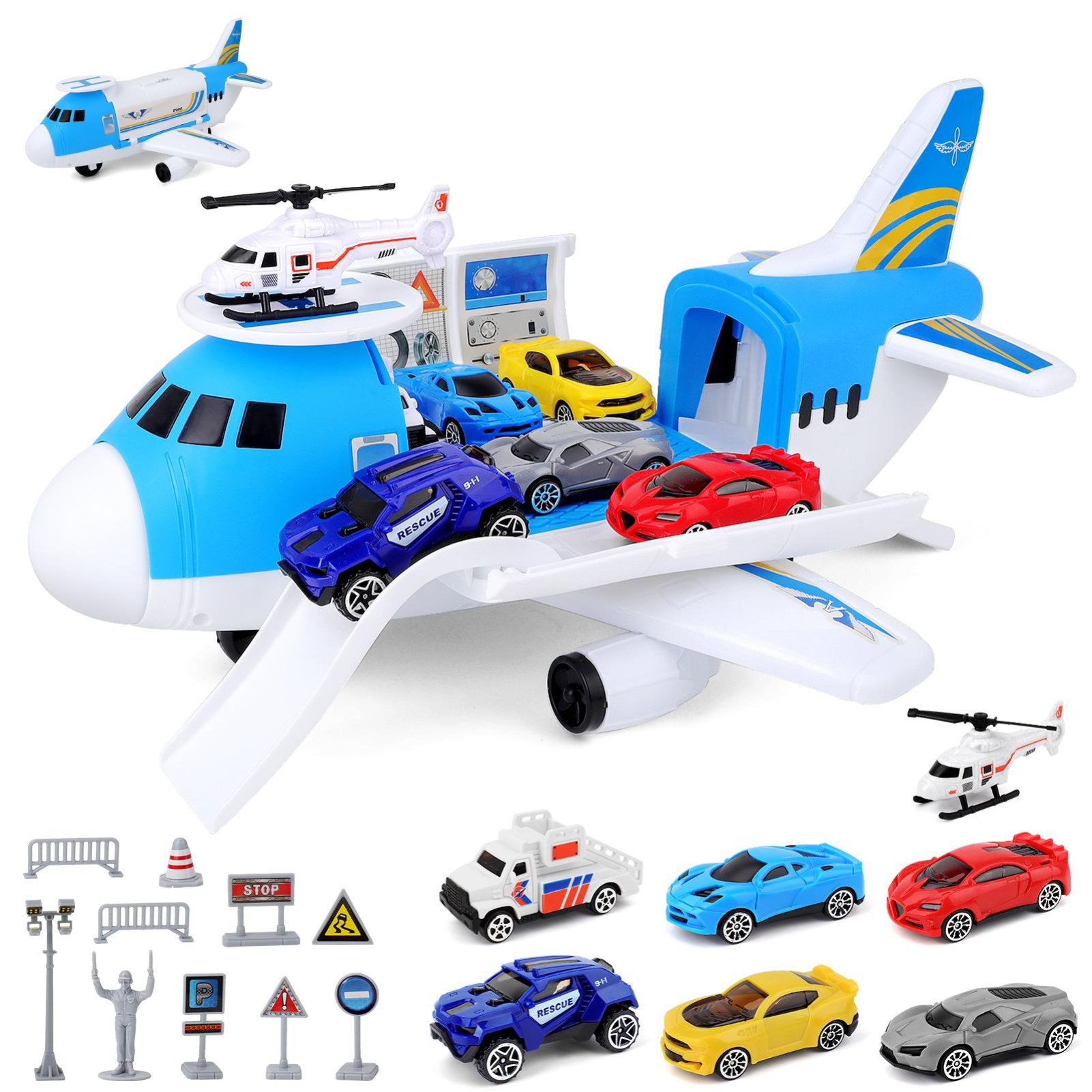 deAO DIY Cargo Plane Toy Set With Accessories - Blue