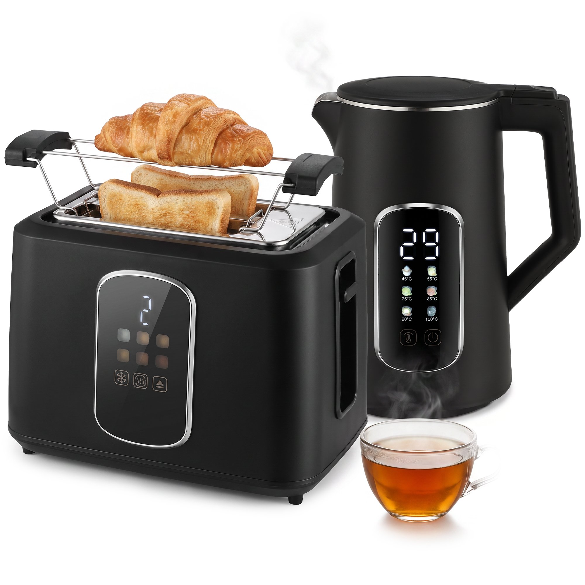 HOMCOM 1.5L 3000W Kettle and Toaster Set with LED Touch Screen - Black