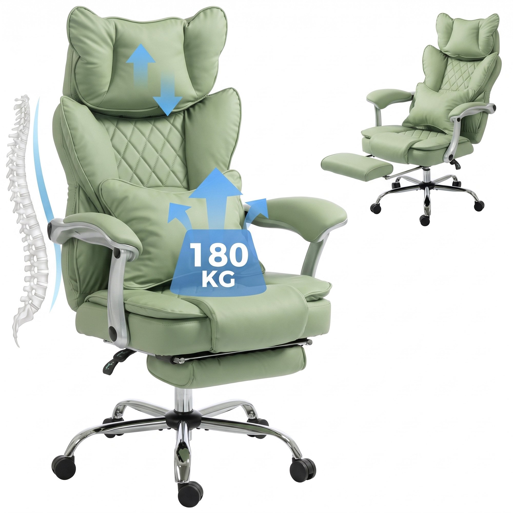 HOMCOM 180kg Big and Tall PU Leather Desk Chair - Light Green