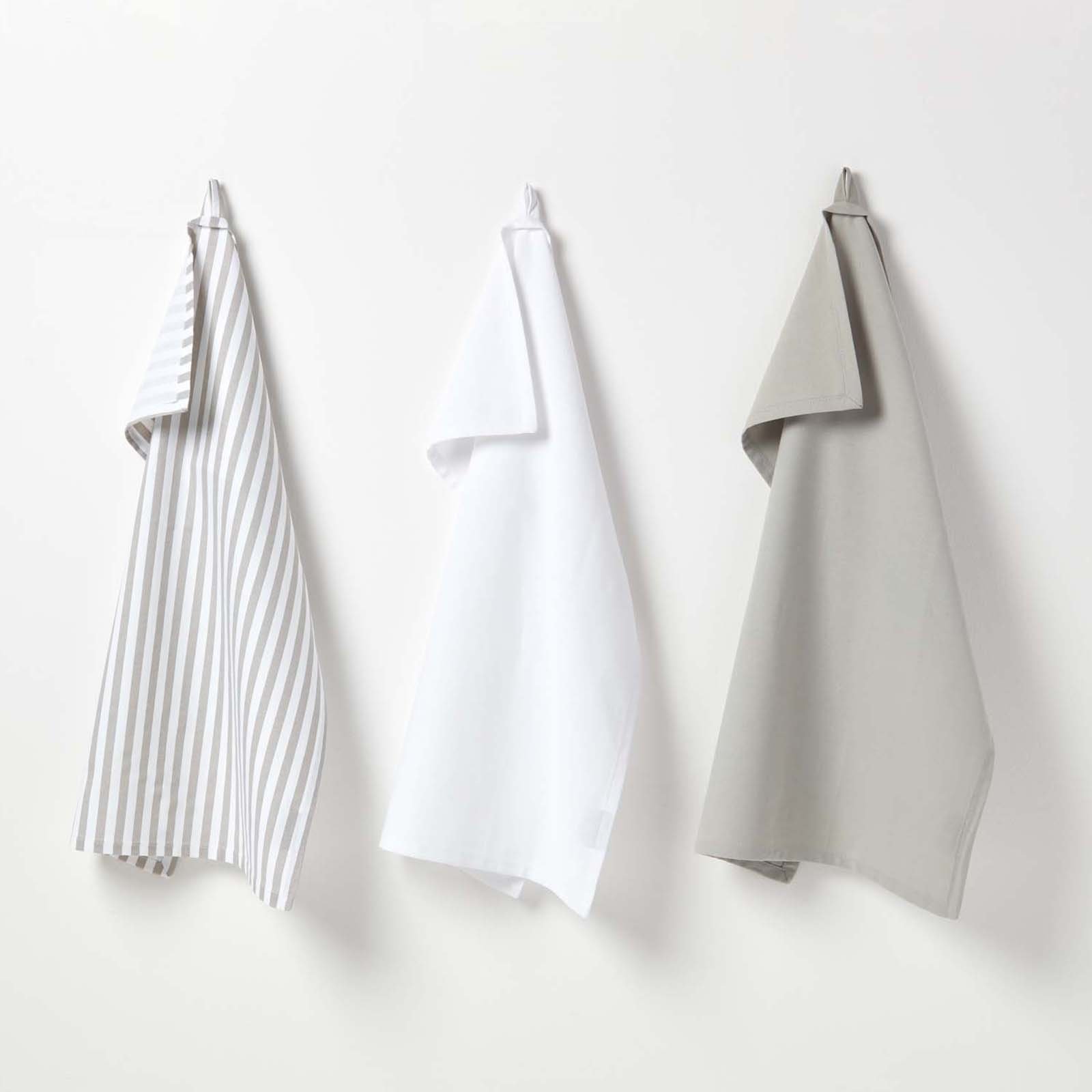 Homescapes Pack of 3 Striped Cotton Tea Towels - Grey