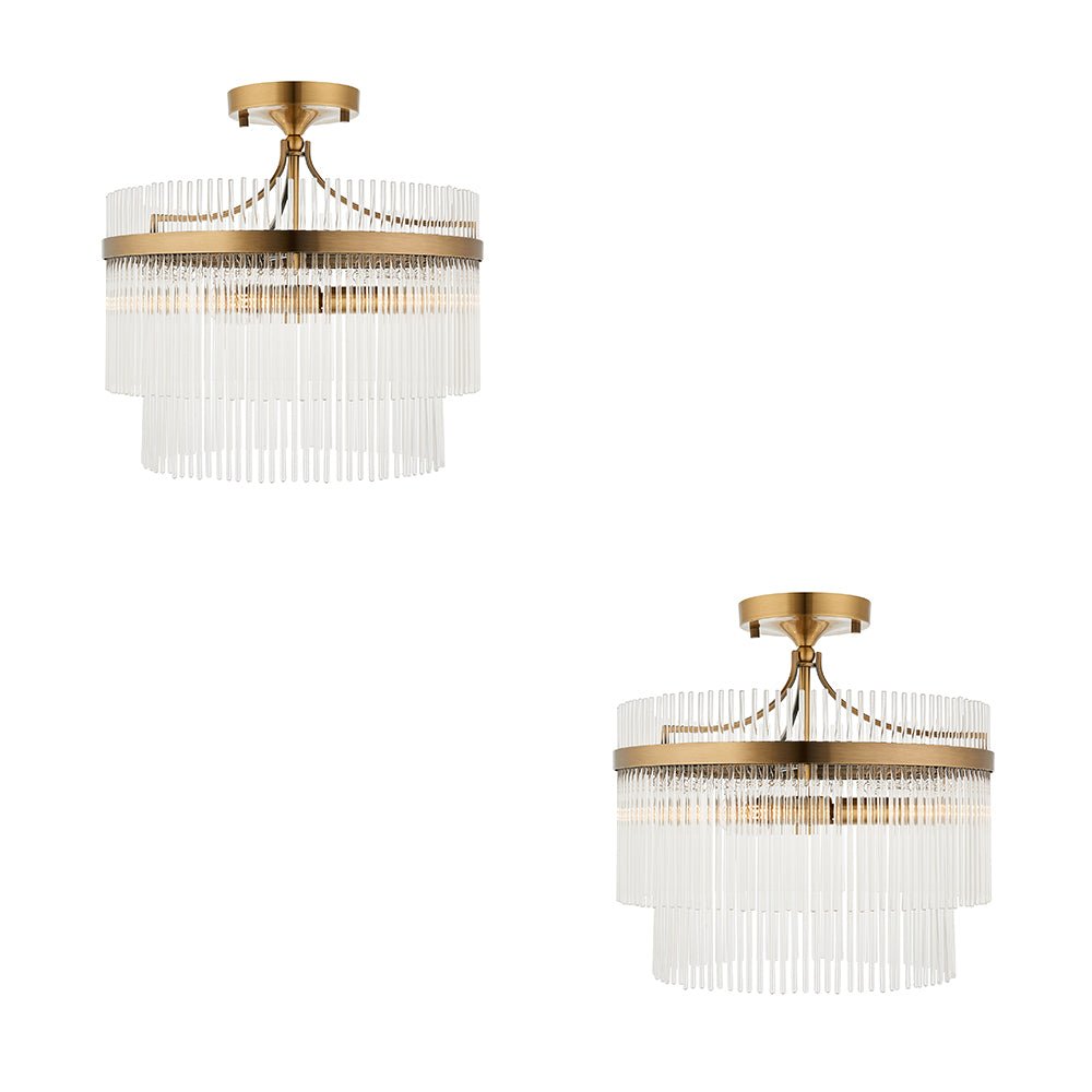 Loops Direct Pack of 2 Steel and Glass Semi Flush Ceiling Light - Antique Brass
