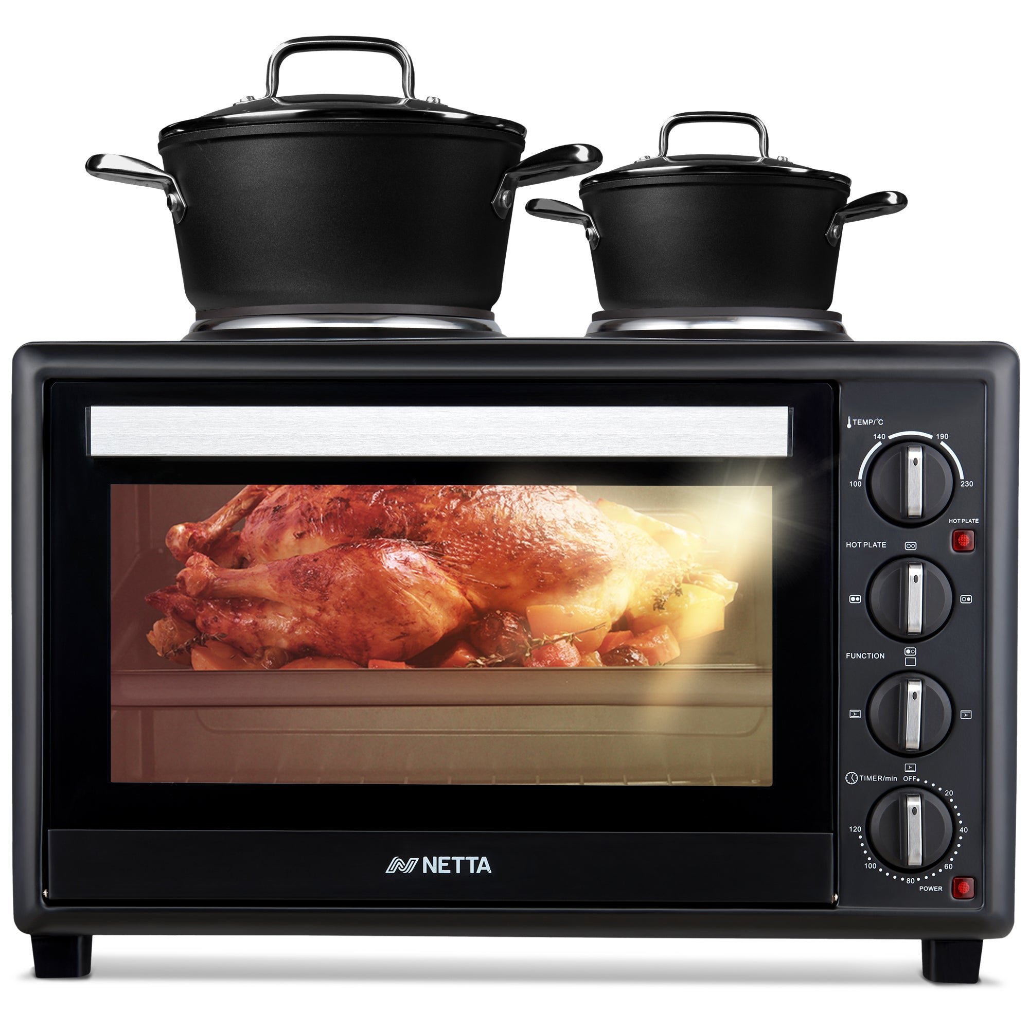 NETTA 45L Mini Oven with Double Hotplates, Grill & 120-Minute Timer