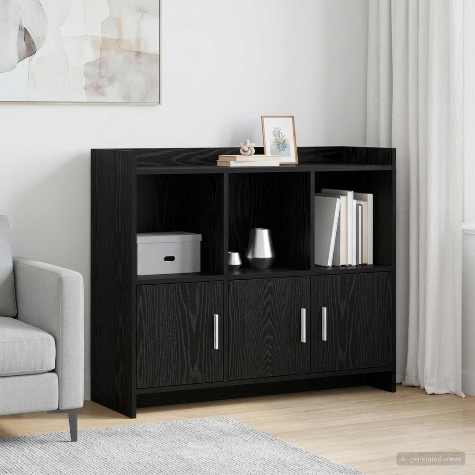 Walplus 3 Door Rectangular Sideboard 6 Shelf - Black Oak - 98.5 x 33 x 80 cm