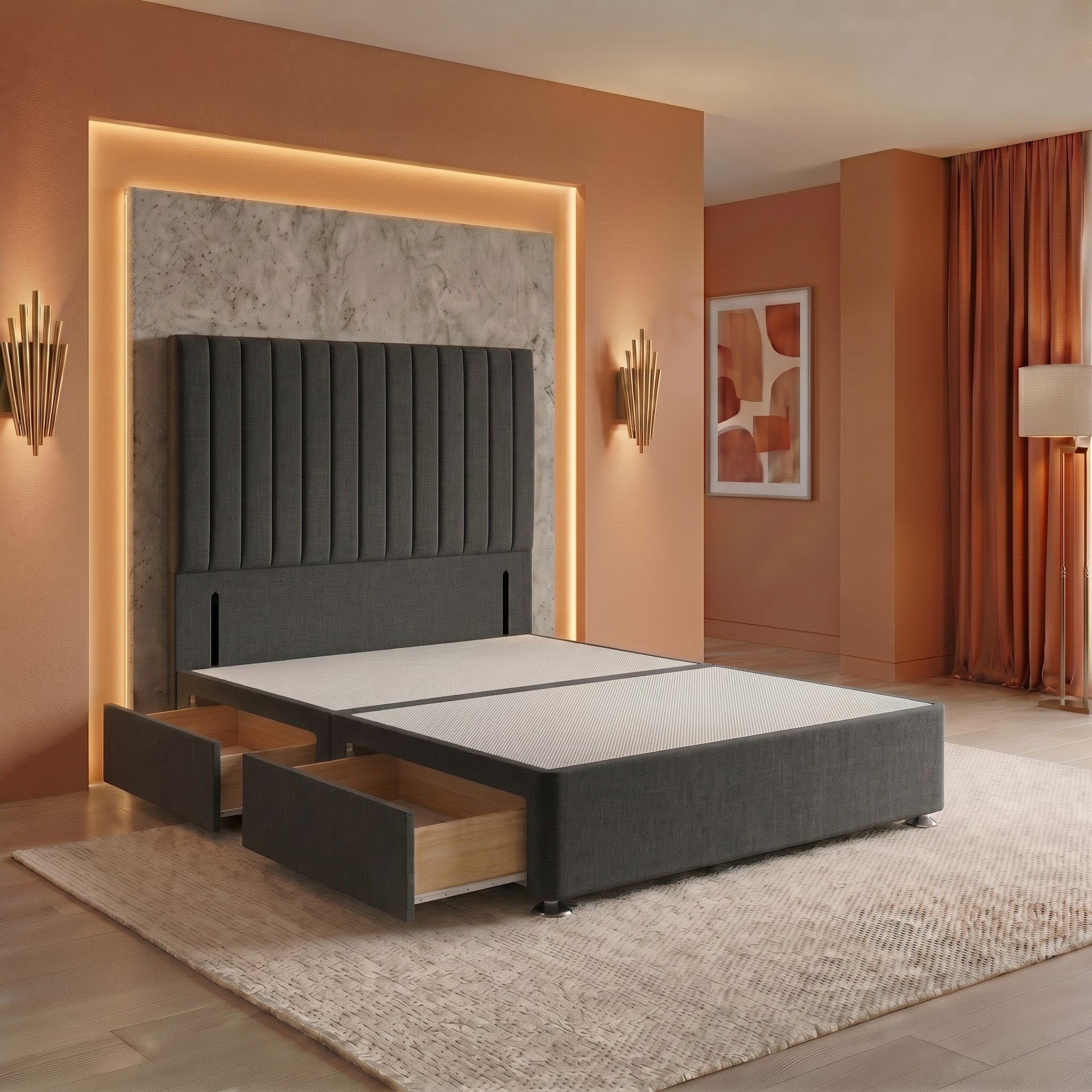 Somnior Heritage Linen Single 2 Drawer Divan Bed Base & 54" Headboard - Charcoal