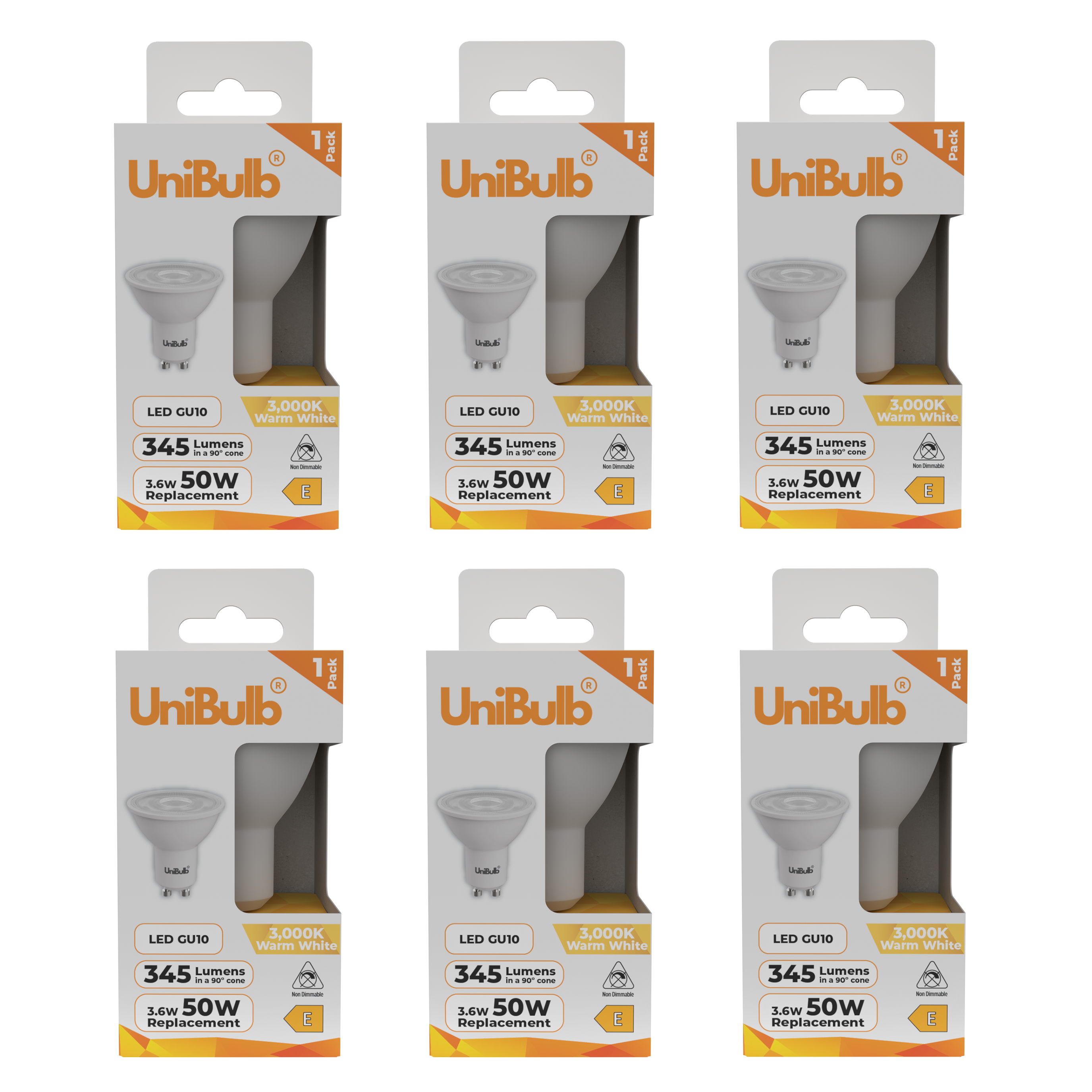 UniBulb 3.6W LED Warm White Spotlight GU10 Light Bulb - Pack of 6