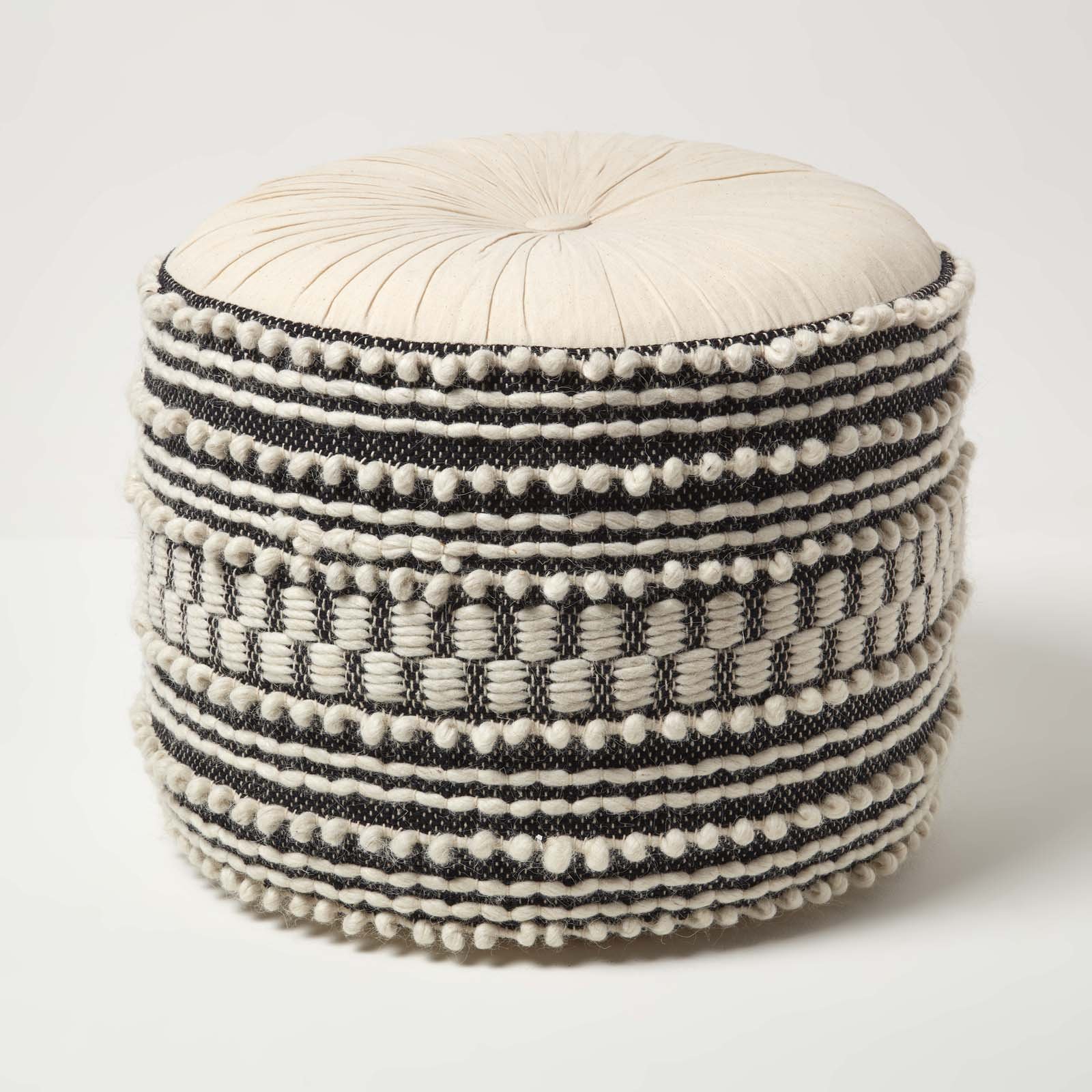 Homescapes Priya Macrame Boho Pouffe – Cream & Black