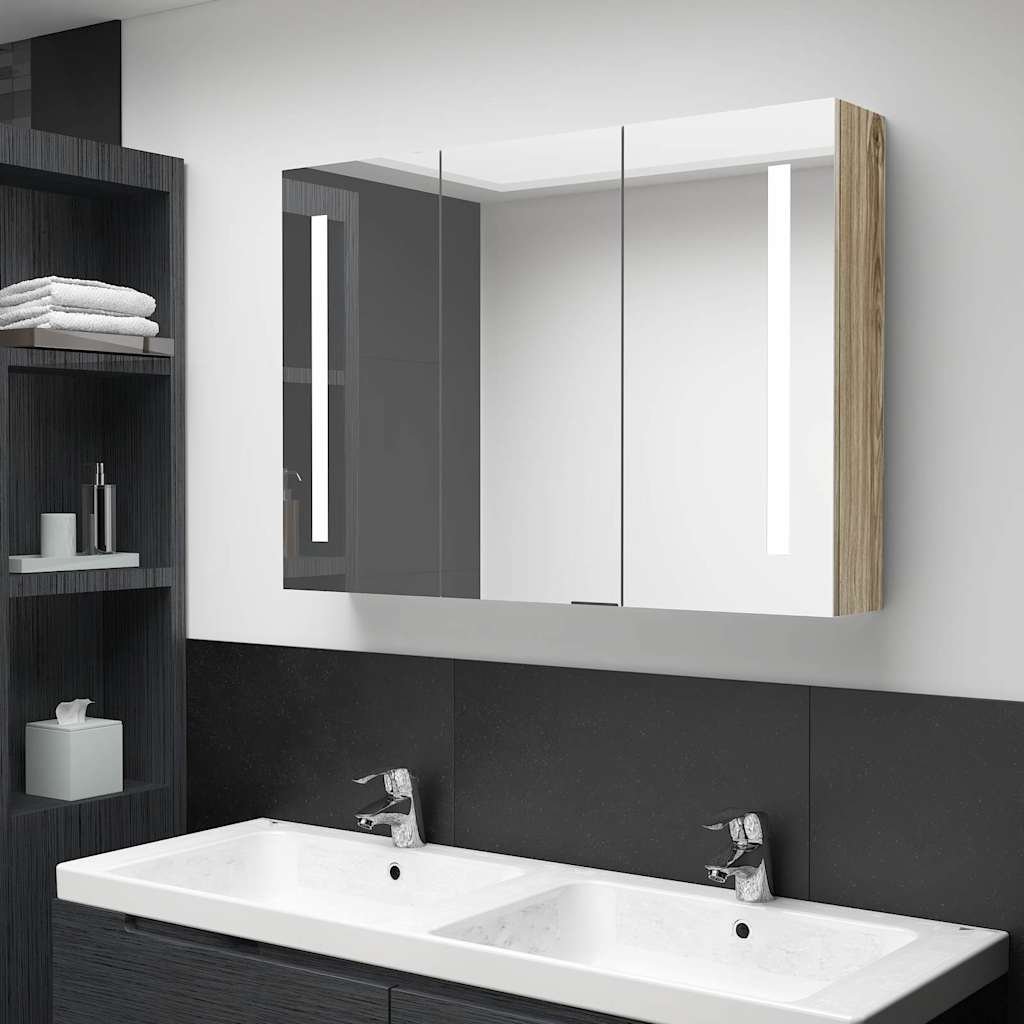 Walplus LED MDF Bathroom Mirror Cabinet - Oak - 89 x 14 x 62 cm