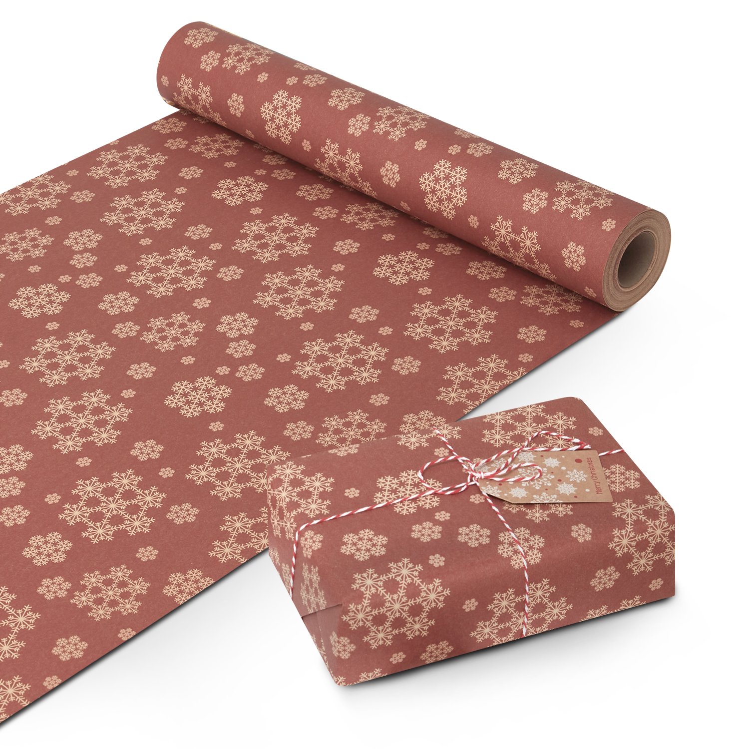 Kraft & Co 44.5cm x 25m Christmas Kraft Wrapping Paper Roll - Burgundy Snowflake