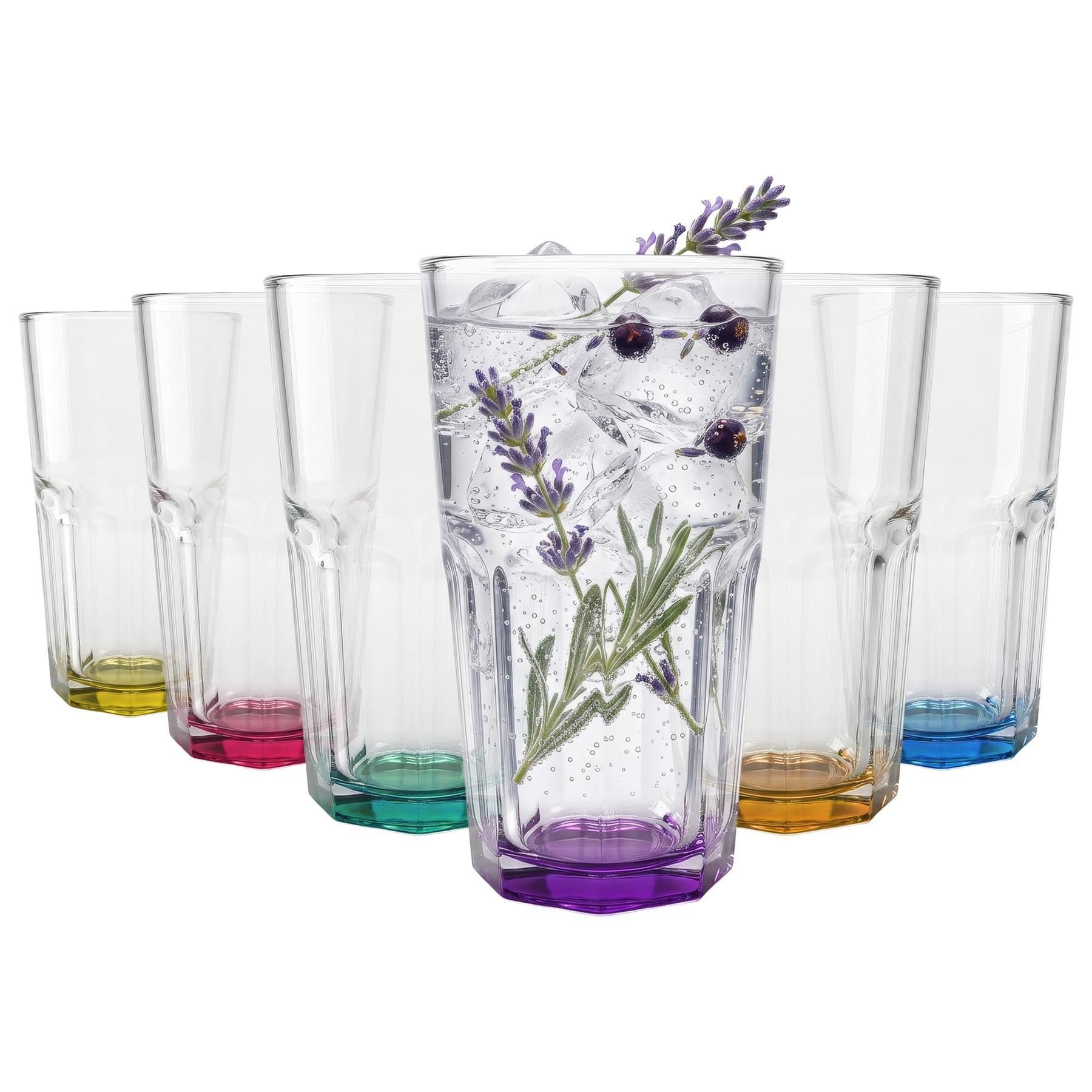 Argon Tableware Panelled Highball Glasses with Coloured Base - 400ml - Pack of 6