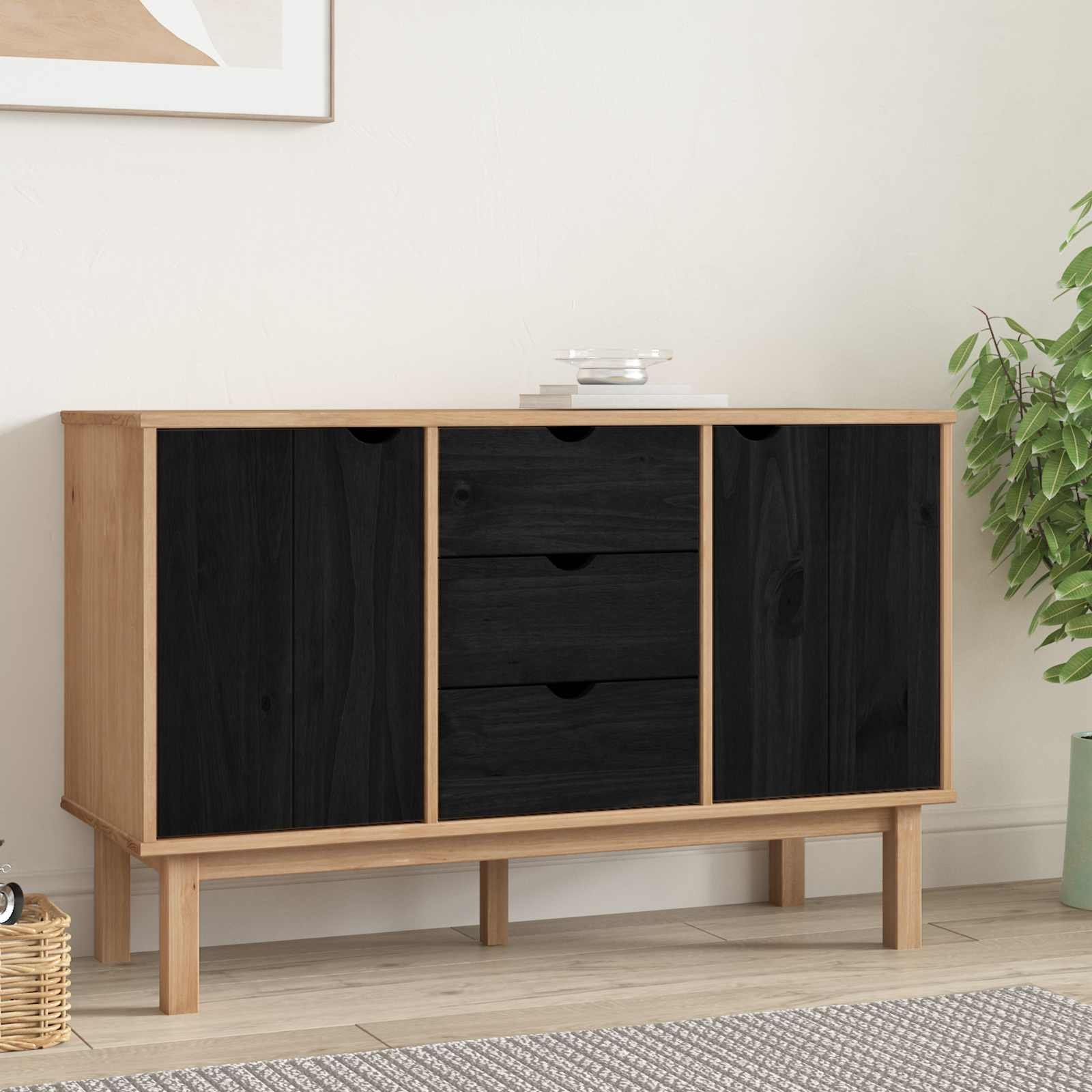 Walplus 2 Drawer Rectangular Solid Pine Sideboard - Black - 113.5 x 43 x 73 cm