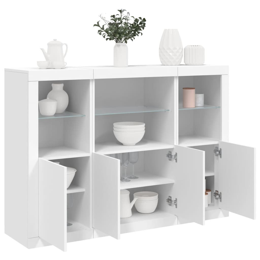 Walplus Pack of 3 LED Engineered Wood Sideboard - White - 142.5 x 37 x 100 cm