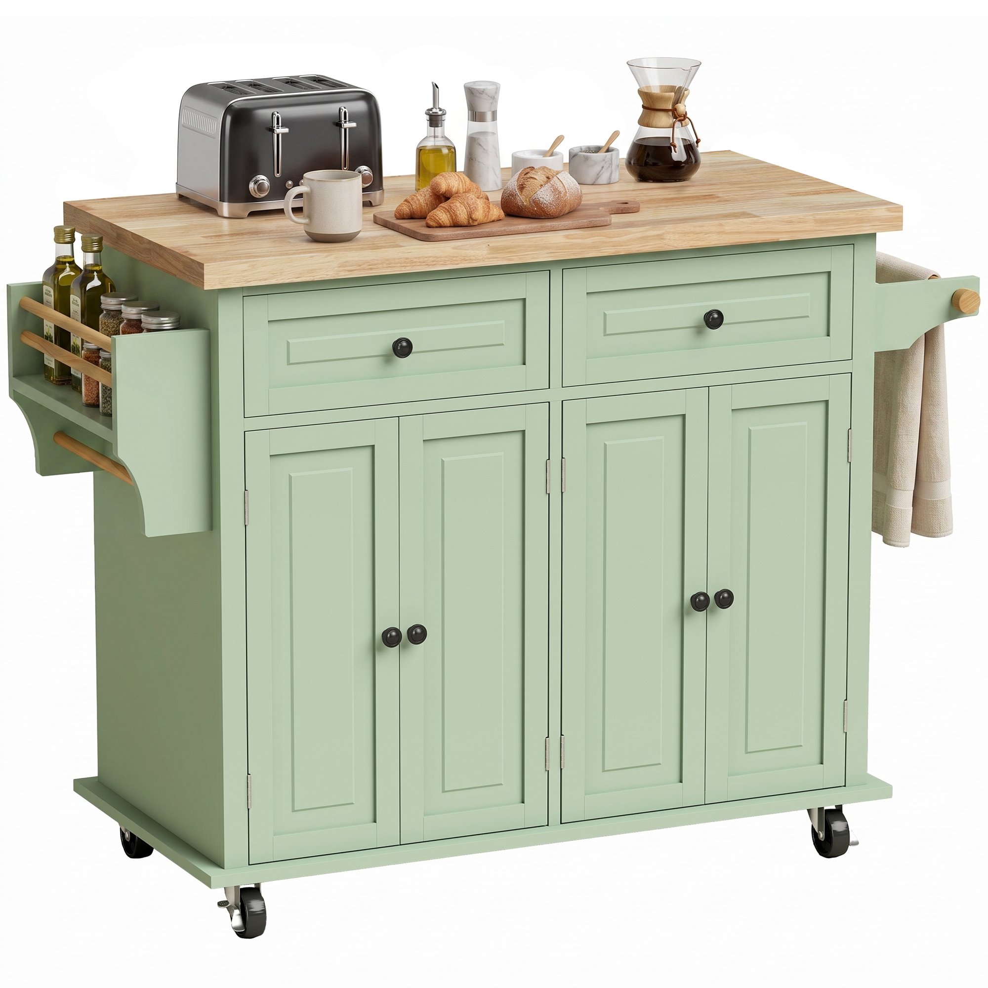 HOMCOM Kitchen Island with Rubber Wood Top and Drawers - Light Green