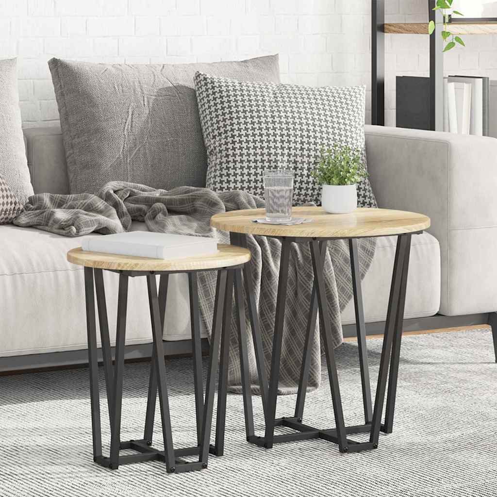Walplus Pack of 2 Metal Side Table - Sonoma Oak - 50 x 50 x 50.5 cm
