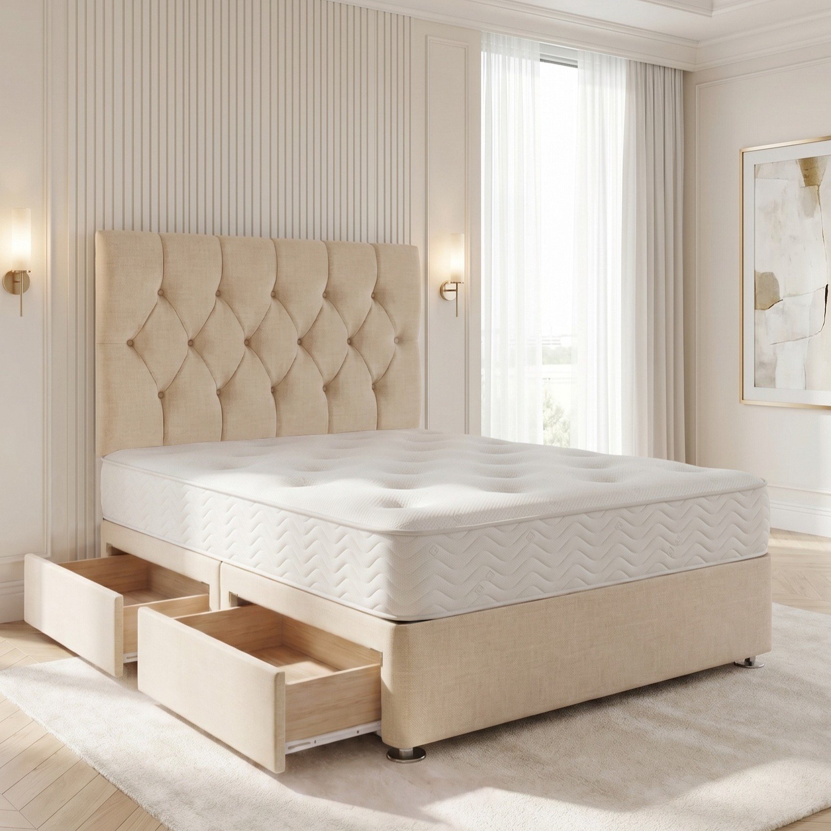 Somnior Chester Linen Single 2 Drawer Open Coil Divan Bed Set - Beige