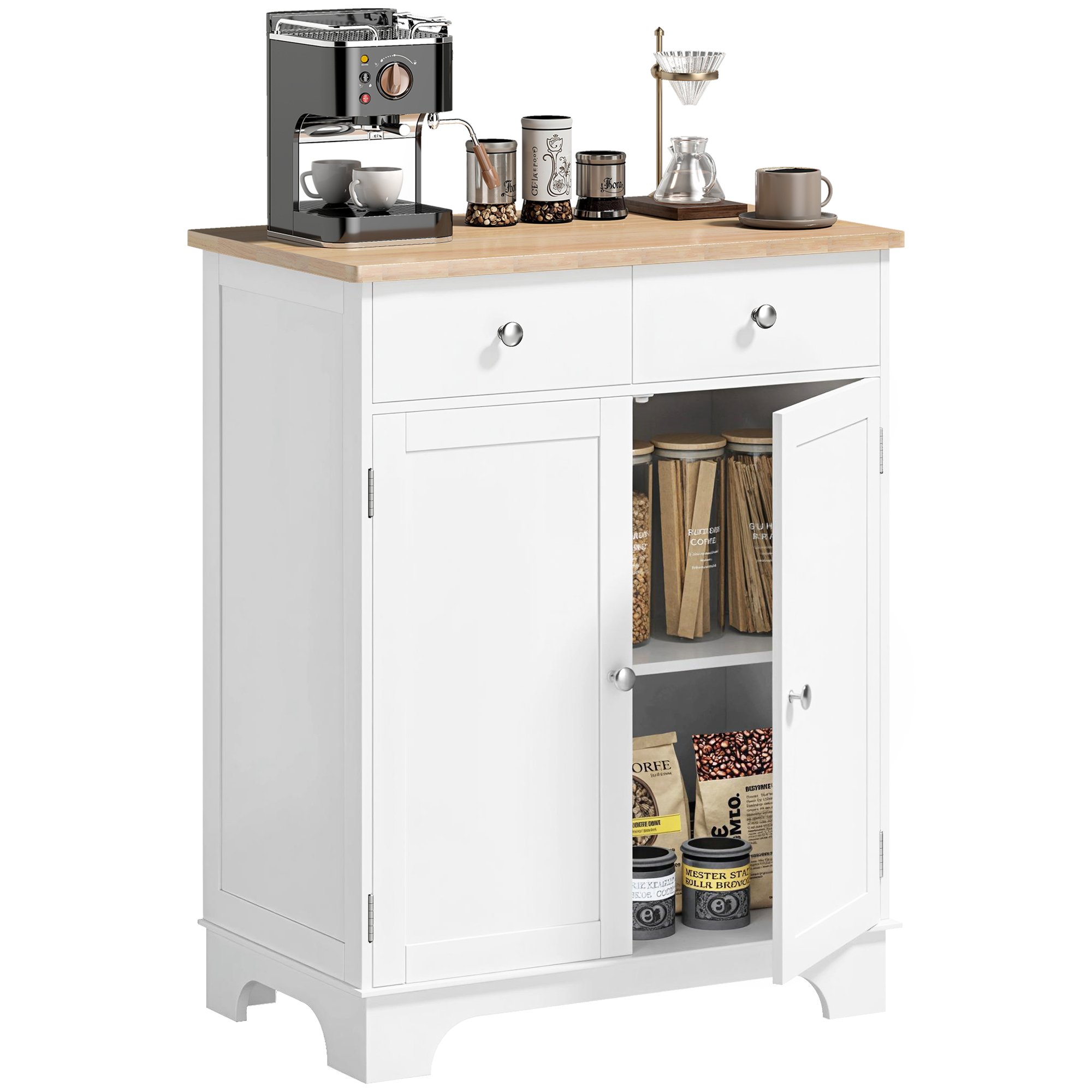 HOMCOM Wooden Adjustable Storage Sideboard with Solid Wood Top - White