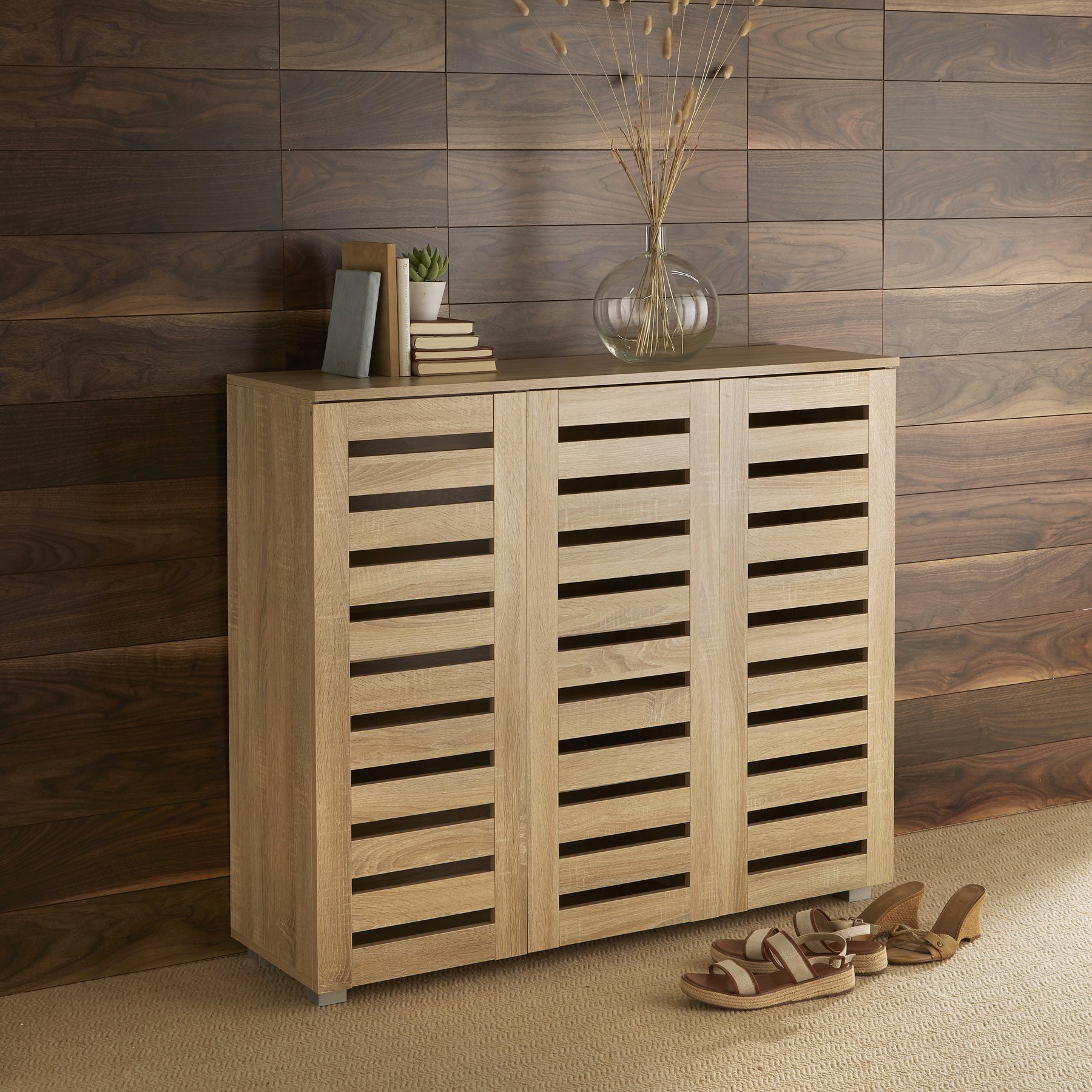 Home Source Oslo 3 Door Shoe Storage Cabinet - Oak