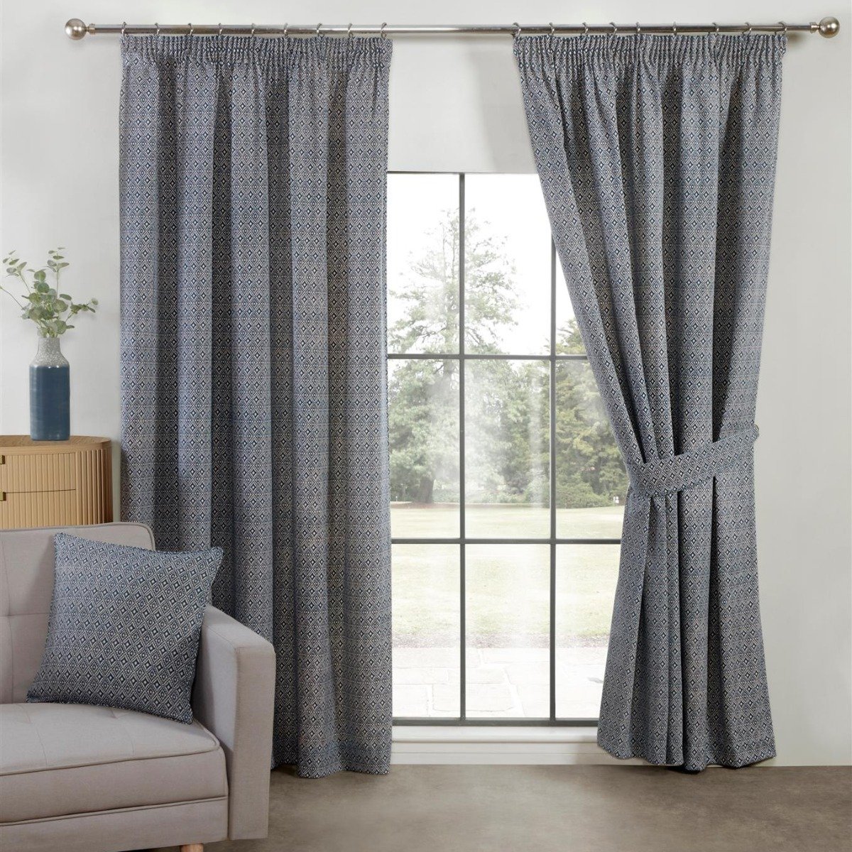 Sundour Aztec Pencil Pleat Curtains - Navy - 117 x 137cm