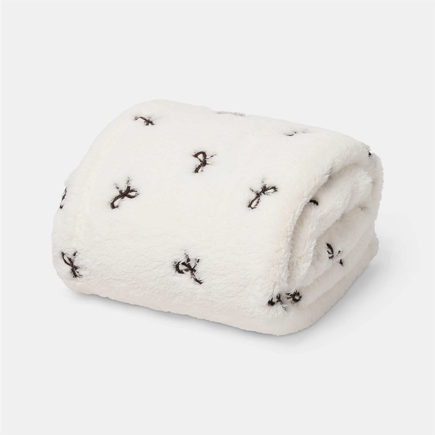 OHS Bow Embossed Soft Fleece Throw - 125 x 150cm - White/Black