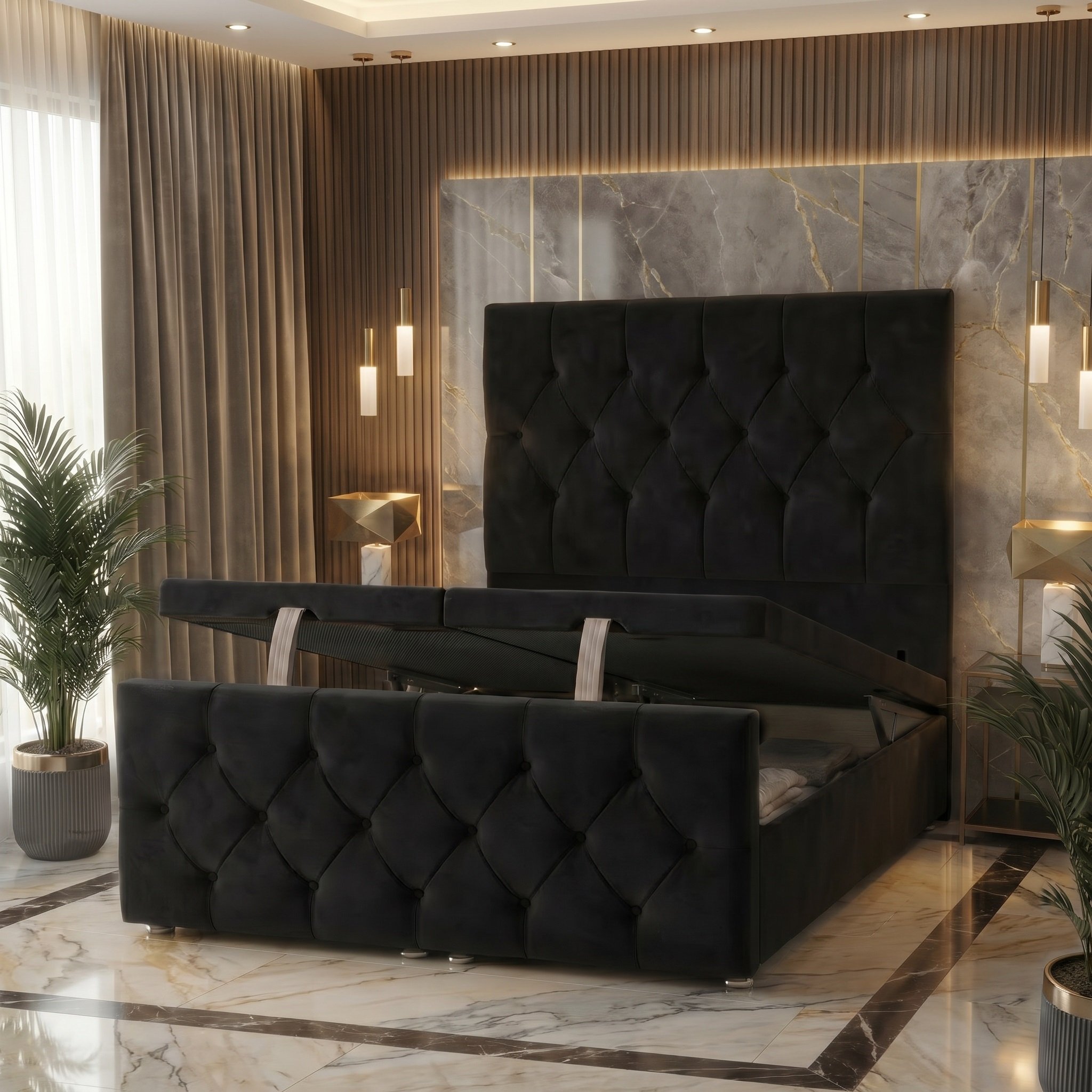 Somnior Chester Velvet Single Ottoman Divan Bed with Footboard - Black