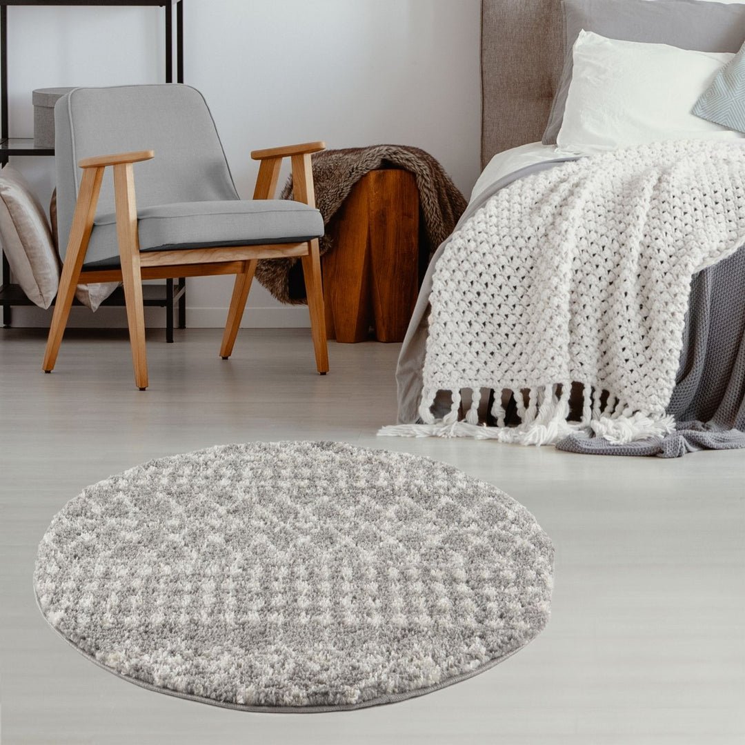 The Rugs Grey Moroccan Shaggy Tribal Round Rug - 120cm