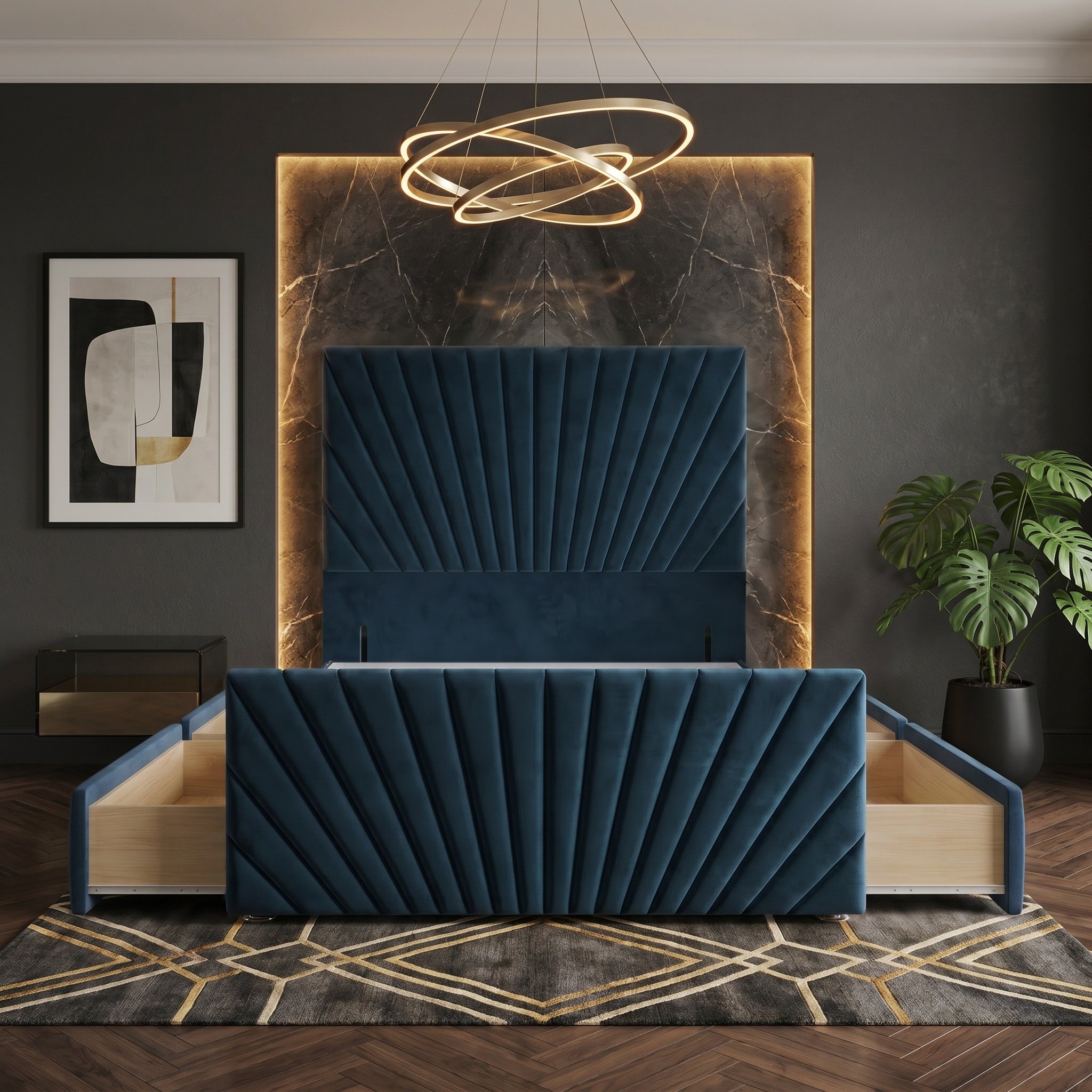 Somnior Velvet Small Double 4 Drawer Divan Bed with Footboard & Headboard - Navy