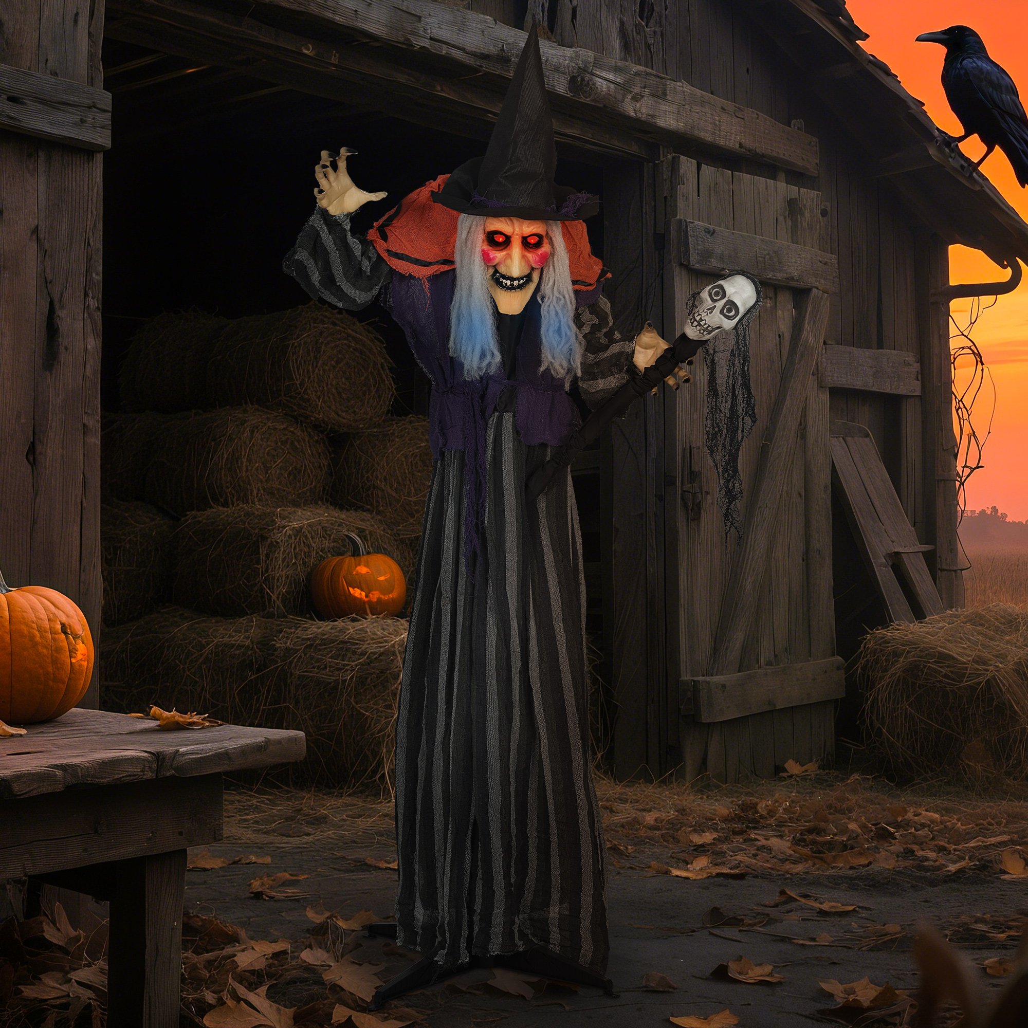 Outsunny 5.2ft Animated Halloween Standing Witch with Skull Staff Decoration