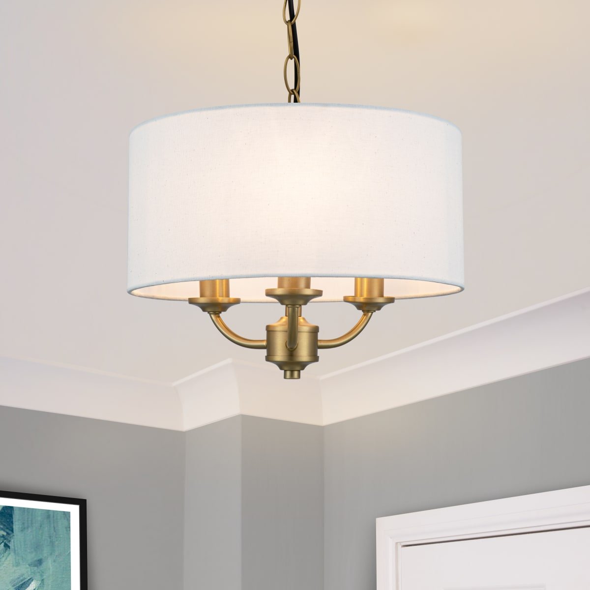 Cosylyte Winston 3 Light Classic Faux Linen Outer Shade Pendant Light - Brass