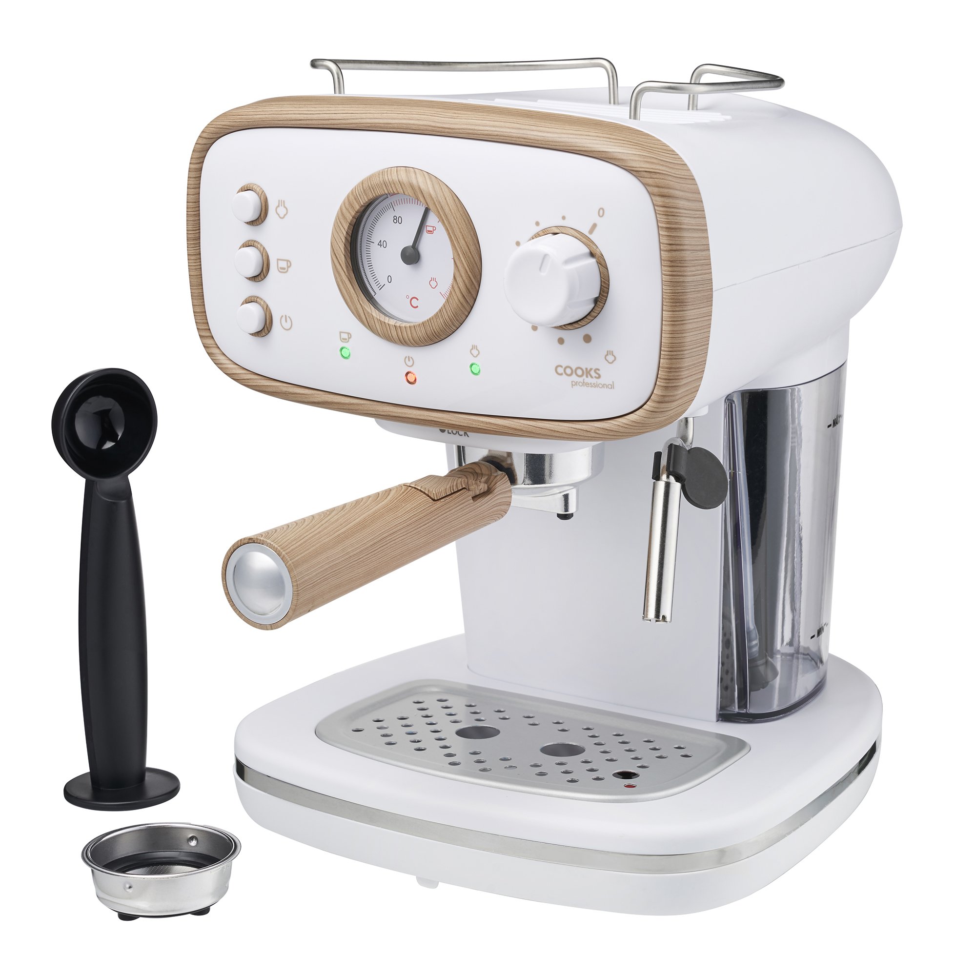 Cooks Professional Retro Espresso Machine 1.2L with Steam Wand - Nordic White