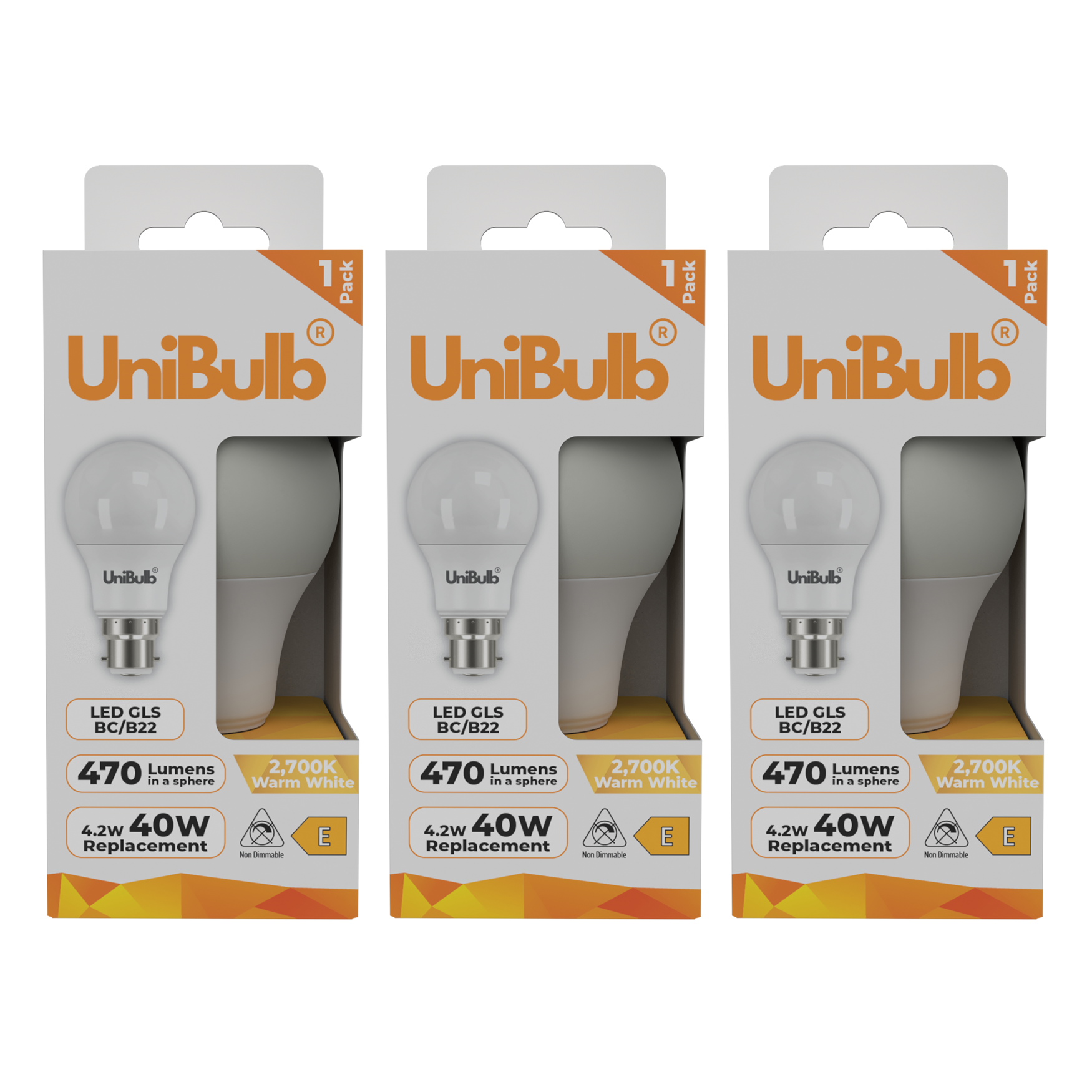 UniBulb 4.2W LED Warm White GLS B22 Light Bulb - Pack of 3
