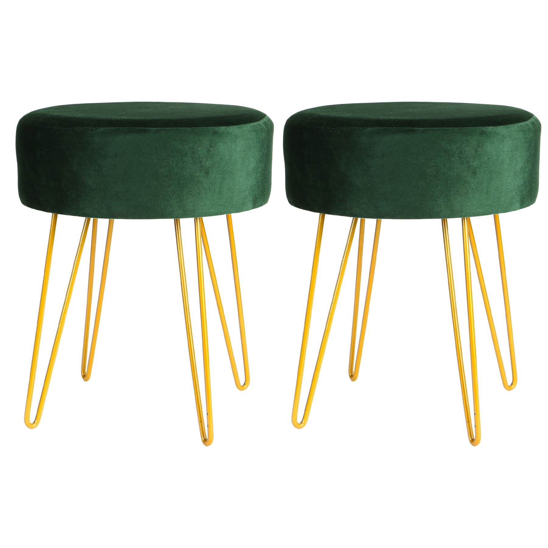 Harbour Housewares Round Velvet Footstool with Gold Legs Pack of 2 - Green