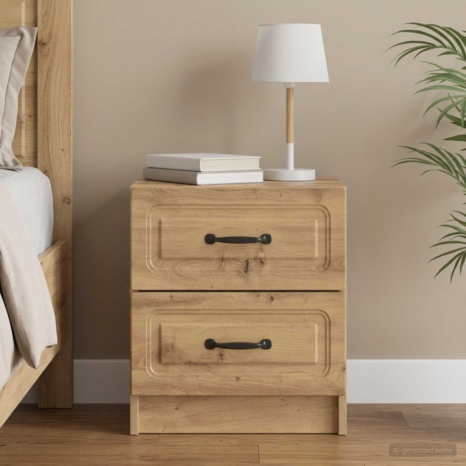 Walplus 2 Drawer Bedside Cabinet 9 x 34 x - Oak - 43 x 34.5 x 44.5 cm