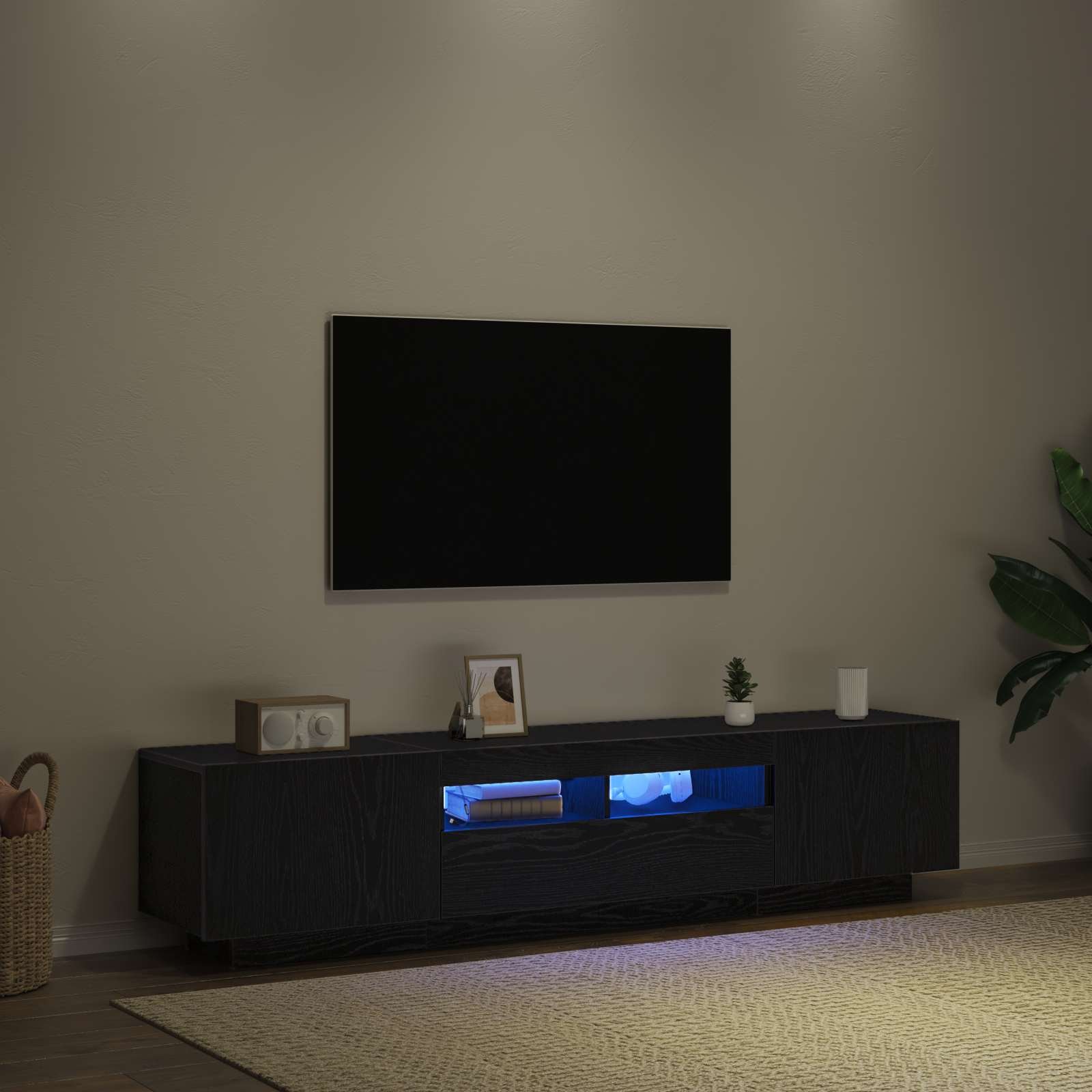 Walplus 2 Piece Engineered Wood 2 Doors TV Cabinet - Black - 180 x 35 x 40 cm